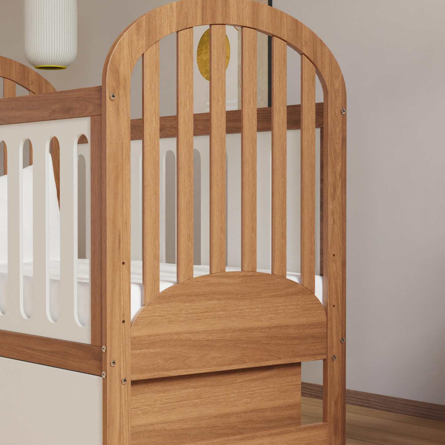Two-Tone Wood Baby Crib with Under Storage Drawer Curved Arch Nursery Cot Space Saver Bed
