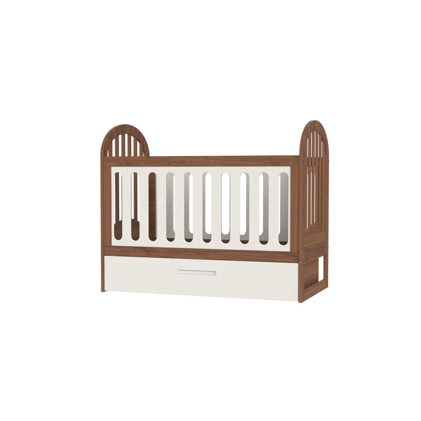 Two-Tone Wood Baby Crib with Under Storage Drawer Curved Arch Nursery Cot Space Saver Bed