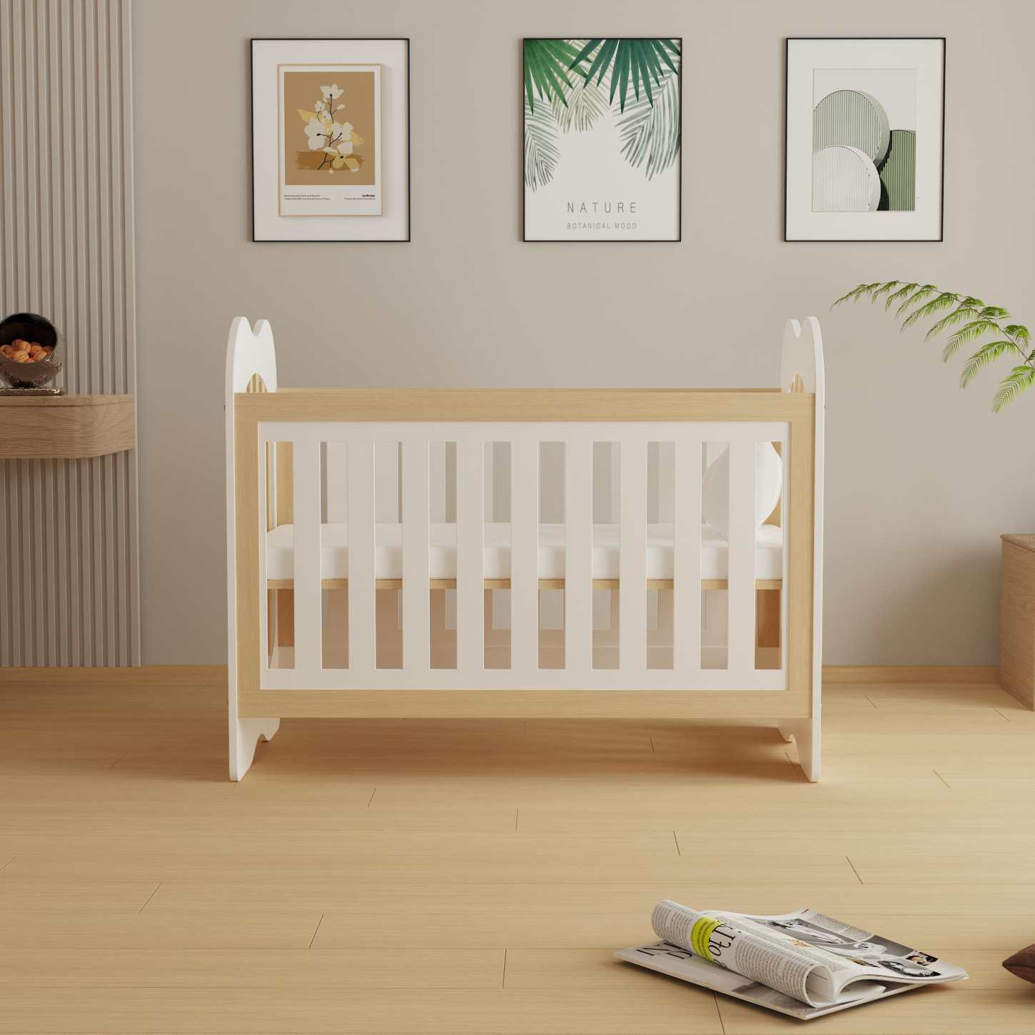 Cute Bear Head Two-Tone Wood Baby Crib Even Safety Slats Compact Nursery Cot Bed