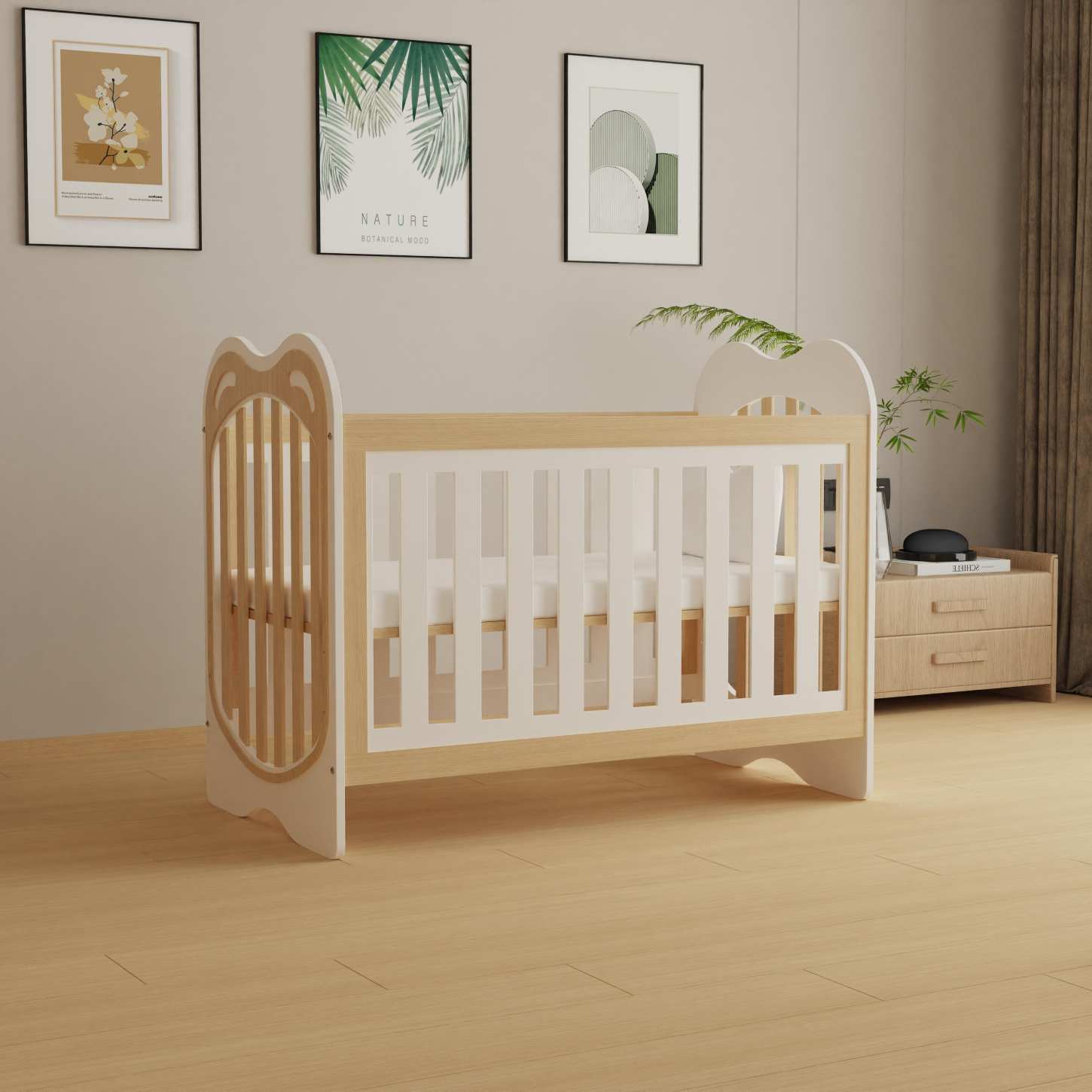 Cute Bear Head Two-Tone Wood Baby Crib Even Safety Slats Compact Nursery Cot Bed