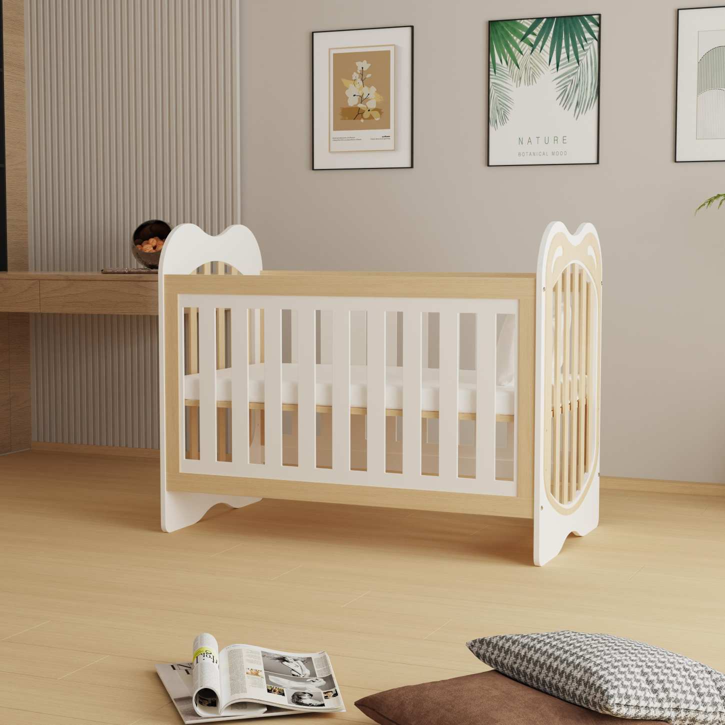 Cute Bear Head Two-Tone Wood Baby Crib Even Safety Slats Compact Nursery Cot Bed
