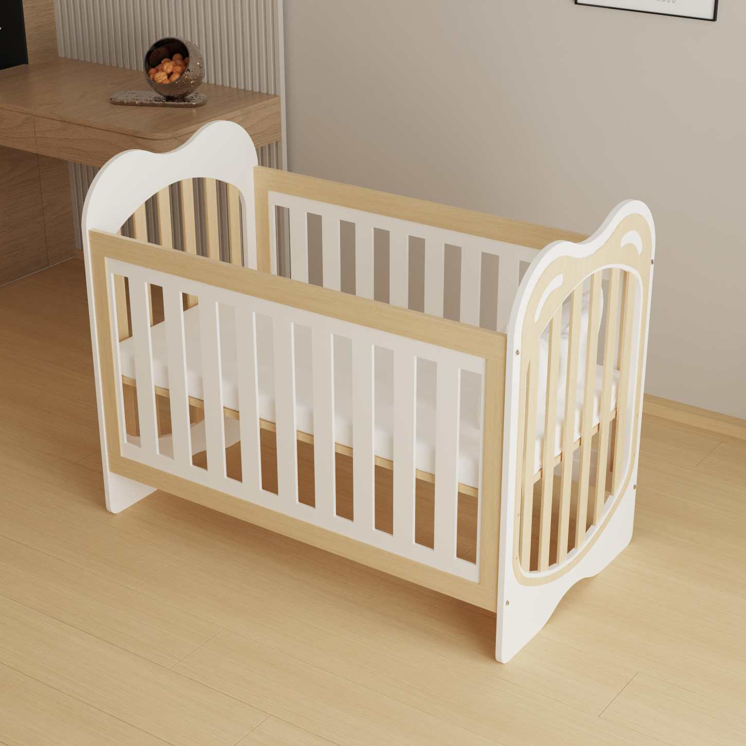 Cute Bear Head Two-Tone Wood Baby Crib Even Safety Slats Compact Nursery Cot Bed