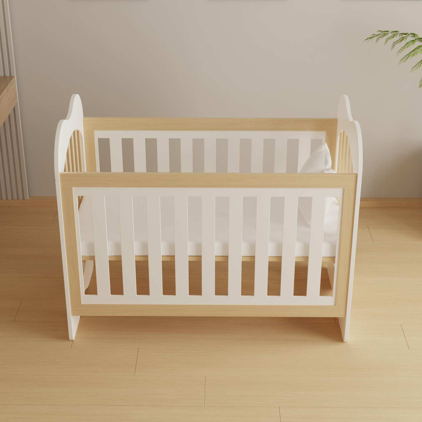 Cute Bear Head Two-Tone Wood Baby Crib Even Safety Slats Compact Nursery Cot Bed