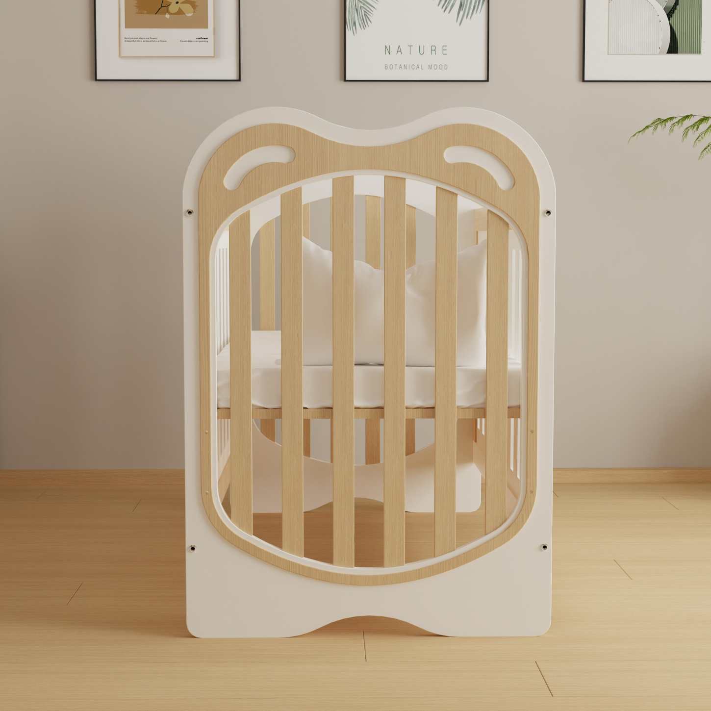 Cute Bear Head Two-Tone Wood Baby Crib Even Safety Slats Compact Nursery Cot Bed