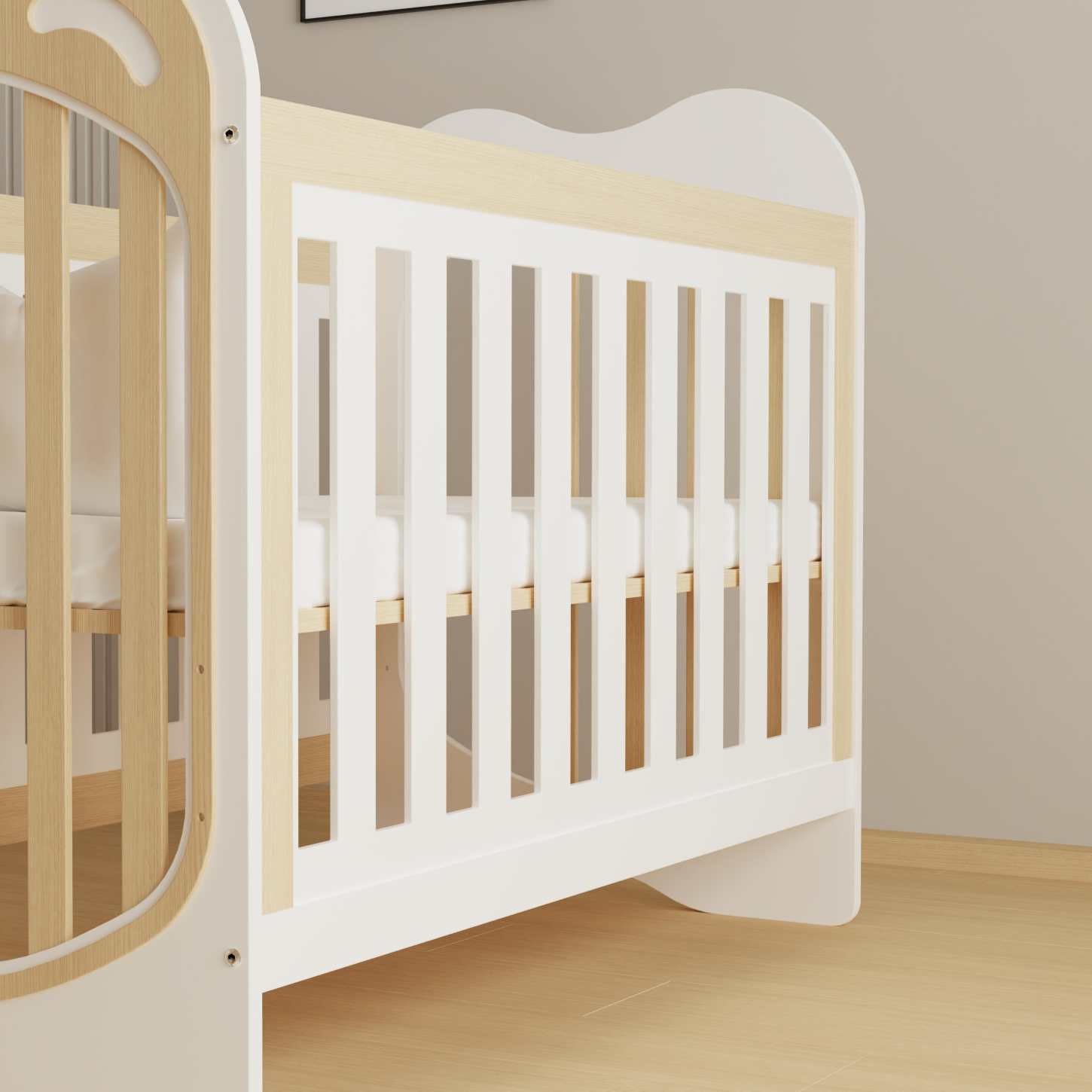 Cute Bear Head Two-Tone Wood Baby Crib Even Safety Slats Compact Nursery Cot Bed