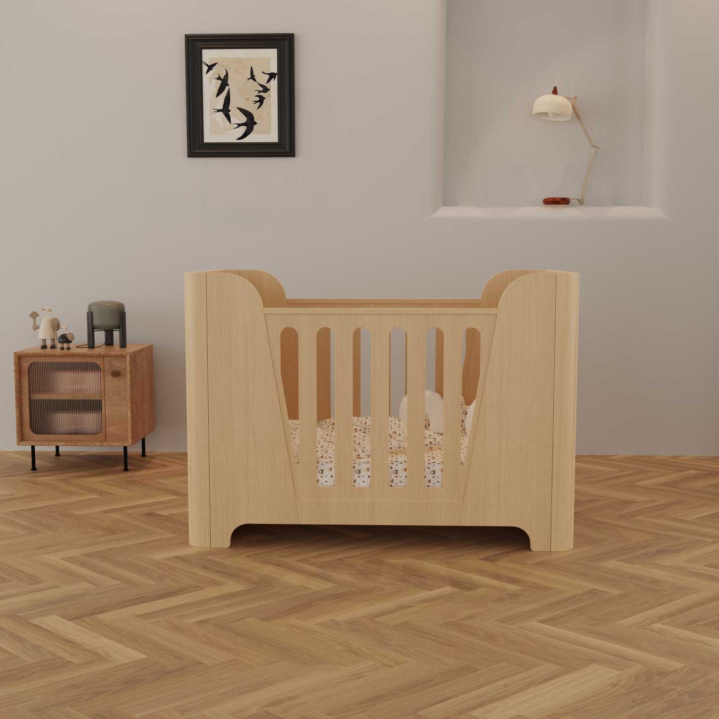 Minimalist Natural Wood Baby Crib Solid Curved Side Panel Compact Neutral Nursery Cot Bed