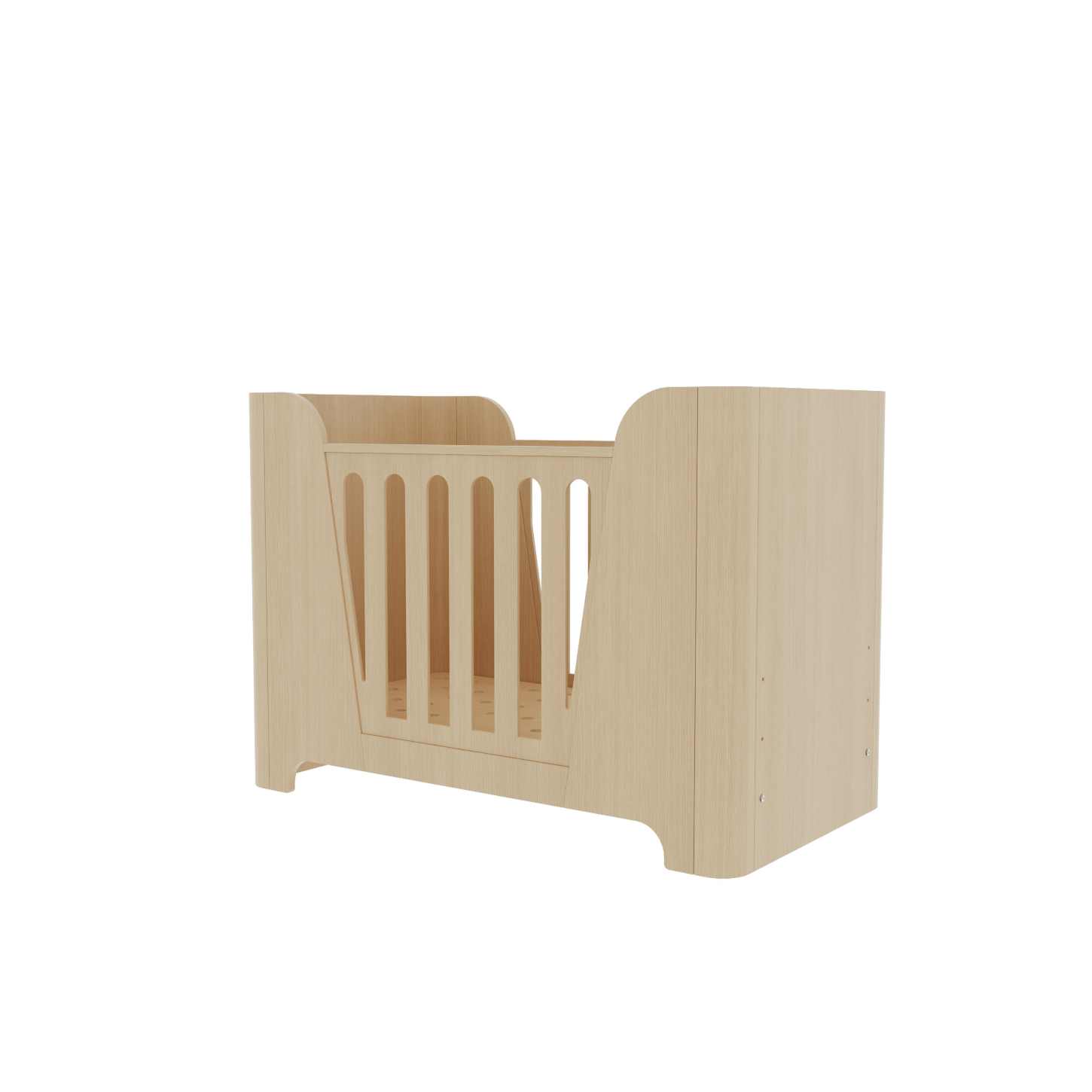 Minimalist Natural Wood Baby Crib Solid Curved Side Panel Compact Neutral Nursery Cot Bed