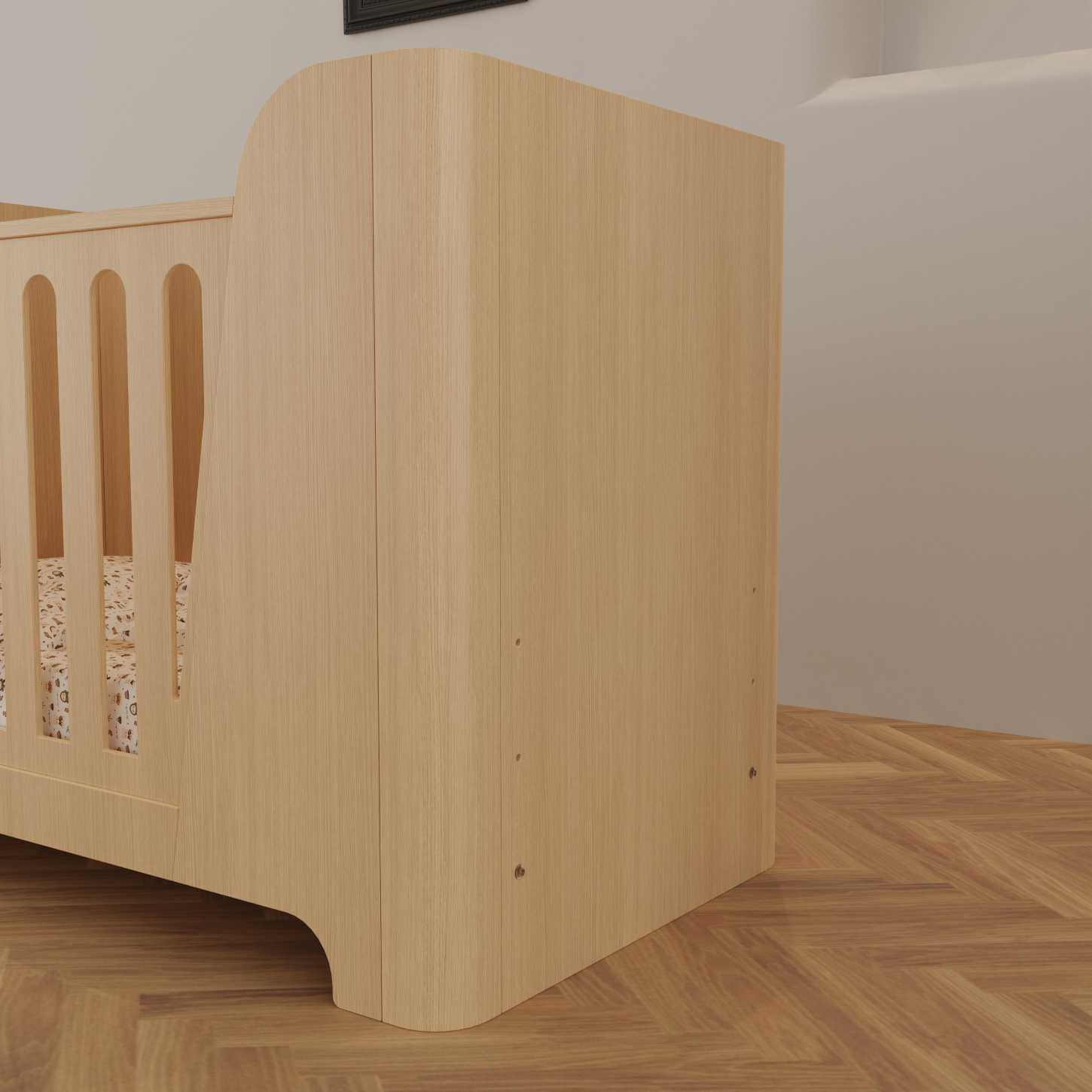 Minimalist Natural Wood Baby Crib Solid Curved Side Panel Compact Neutral Nursery Cot Bed