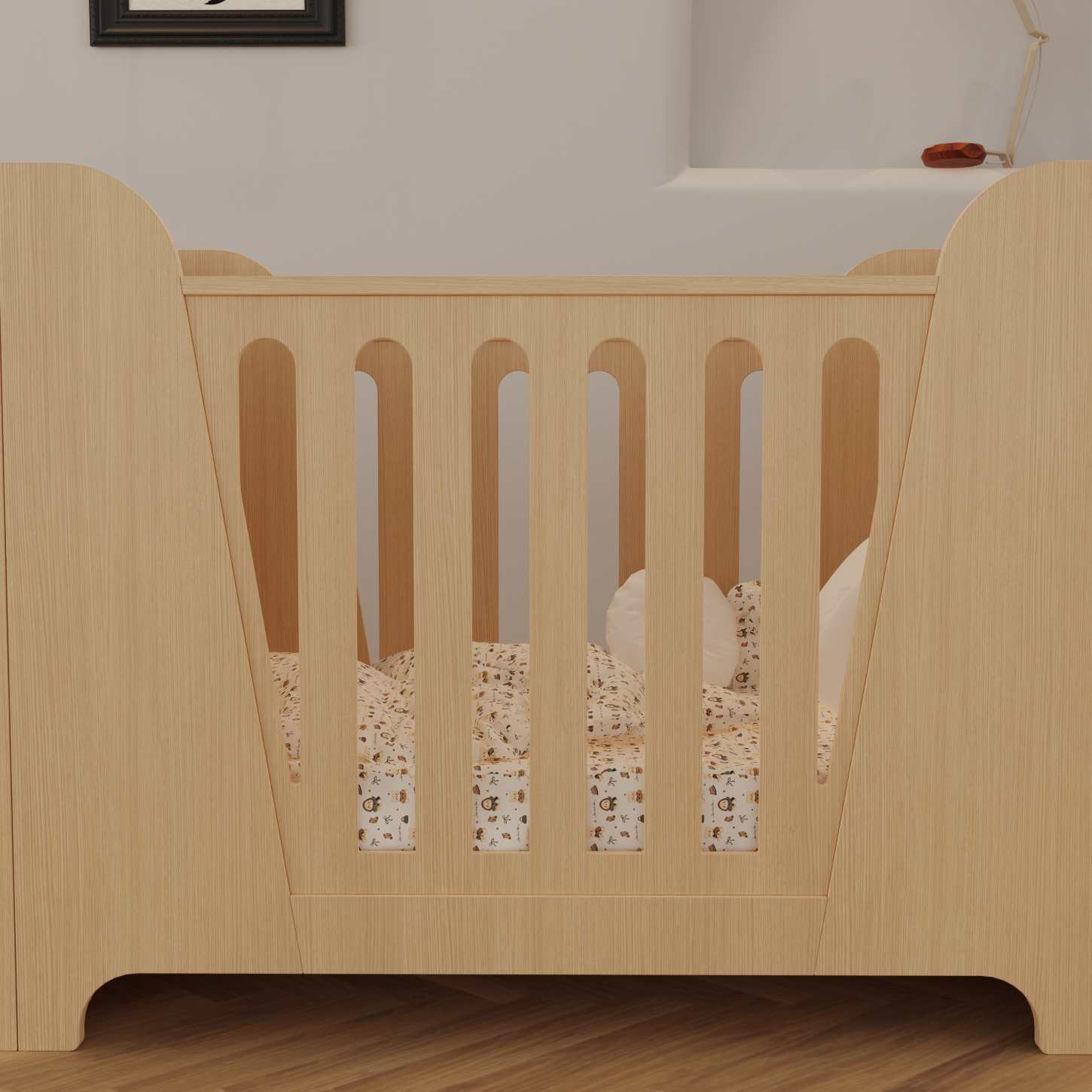 Minimalist Natural Wood Baby Crib Solid Curved Side Panel Compact Neutral Nursery Cot Bed