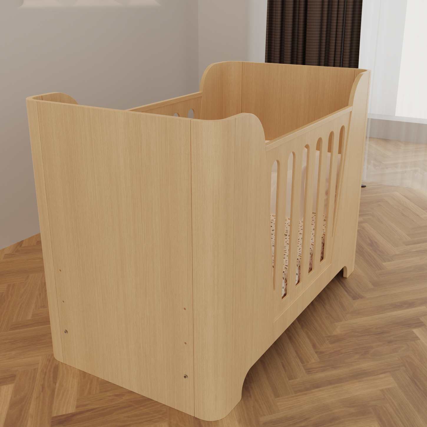 Minimalist Natural Wood Baby Crib Solid Curved Side Panel Compact Neutral Nursery Cot Bed
