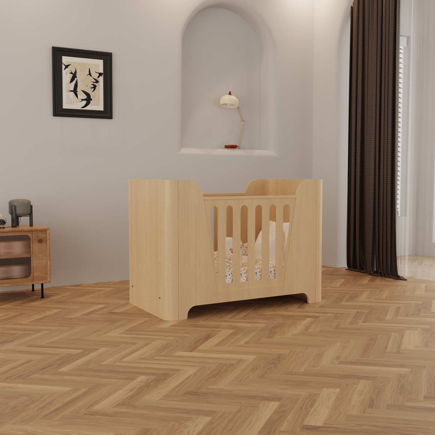 Minimalist Natural Wood Baby Crib Solid Curved Side Panel Compact Neutral Nursery Cot Bed