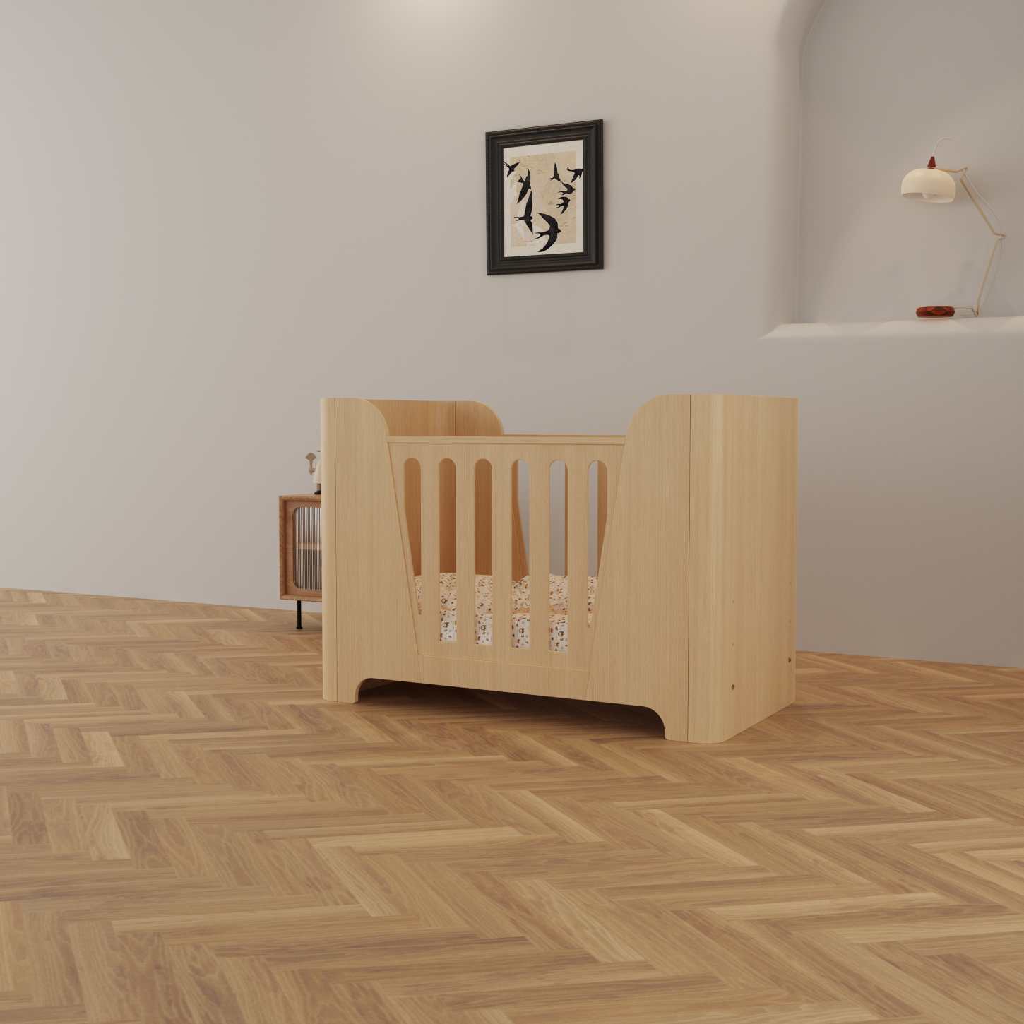 Minimalist Natural Wood Baby Crib Solid Curved Side Panel Compact Neutral Nursery Cot Bed