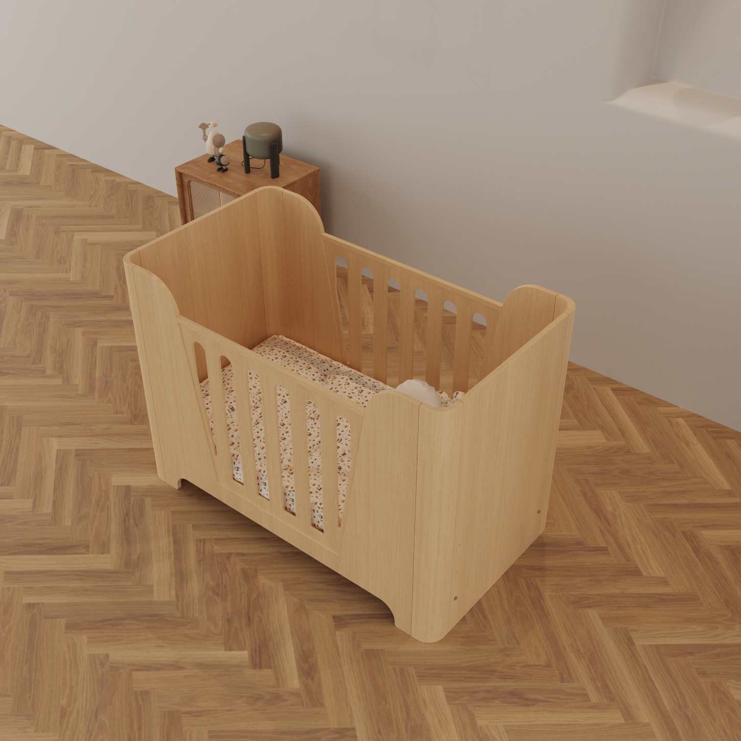 Minimalist Natural Wood Baby Crib Solid Curved Side Panel Compact Neutral Nursery Cot Bed