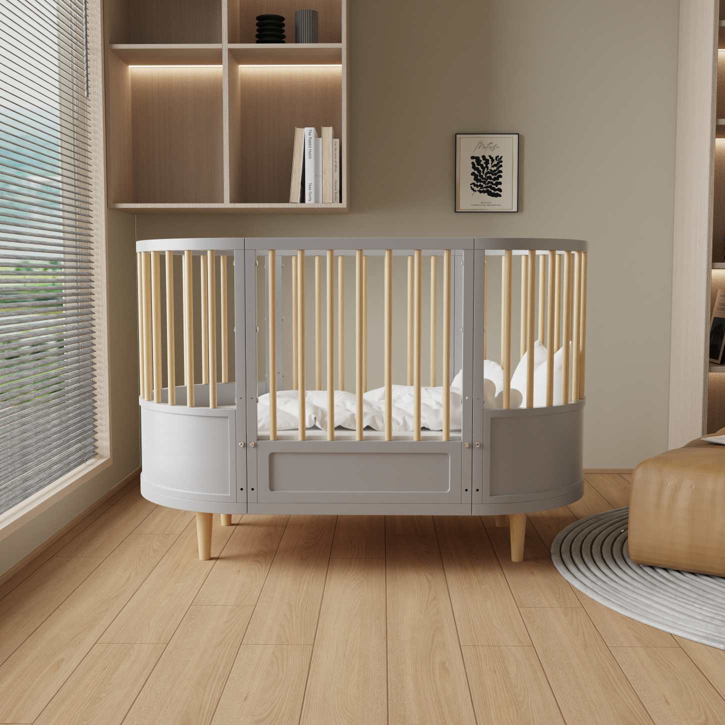 Curved Round Convertible Baby Crib Natural Wood Slats Grey Nursery Bed