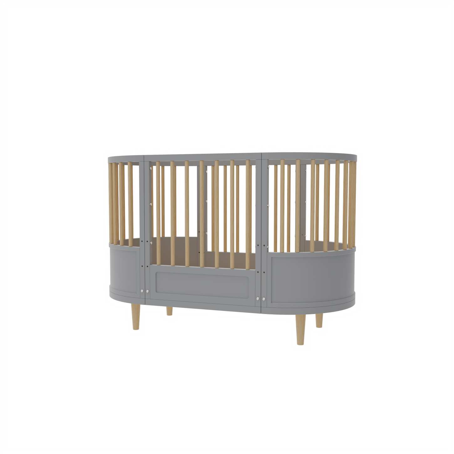 Curved Round Convertible Baby Crib Natural Wood Slats Grey Nursery Bed