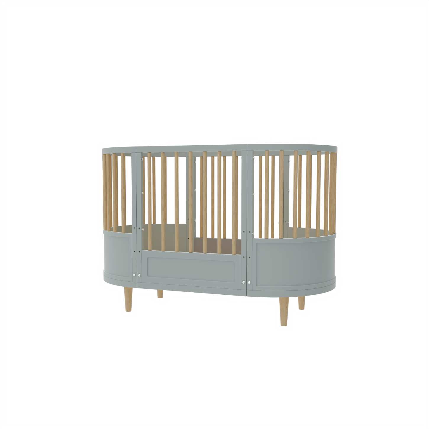 Curved Round Convertible Baby Crib Natural Wood Slats Grey Nursery Bed