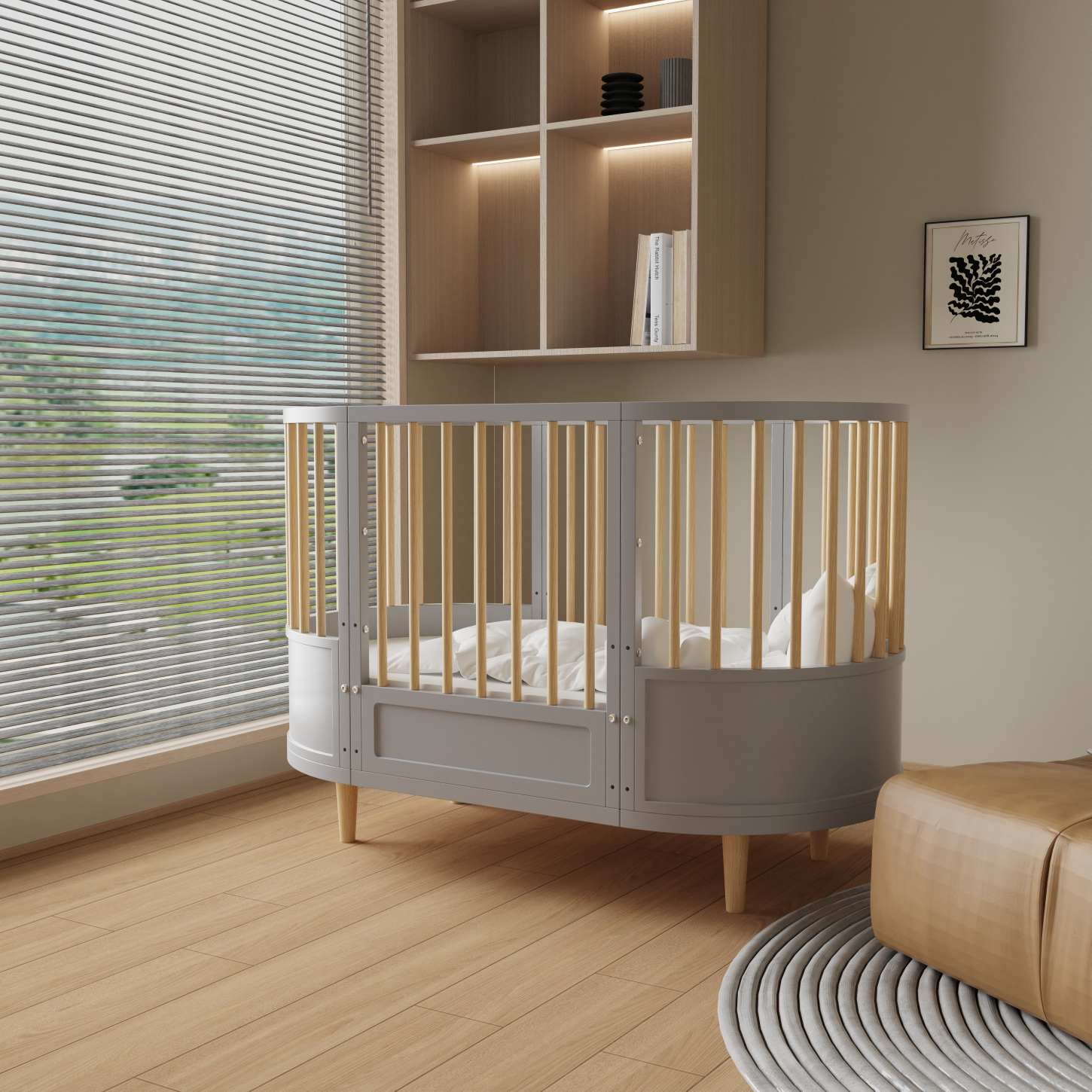 Curved Round Convertible Baby Crib Natural Wood Slats Grey Nursery Bed