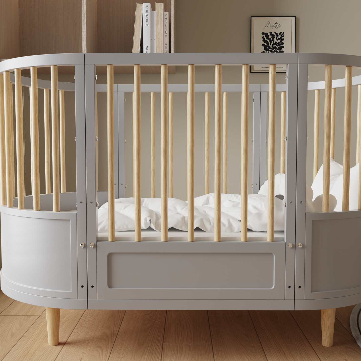 Curved Round Convertible Baby Crib Natural Wood Slats Grey Nursery Bed
