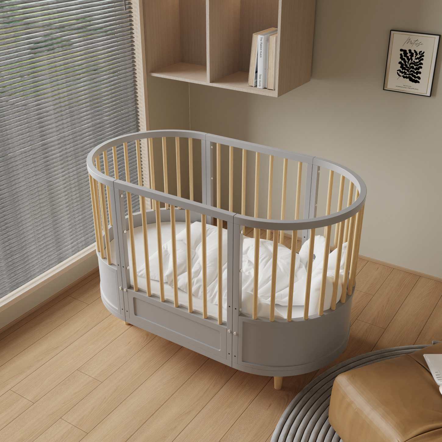 Curved Round Convertible Baby Crib Natural Wood Slats Grey Nursery Bed