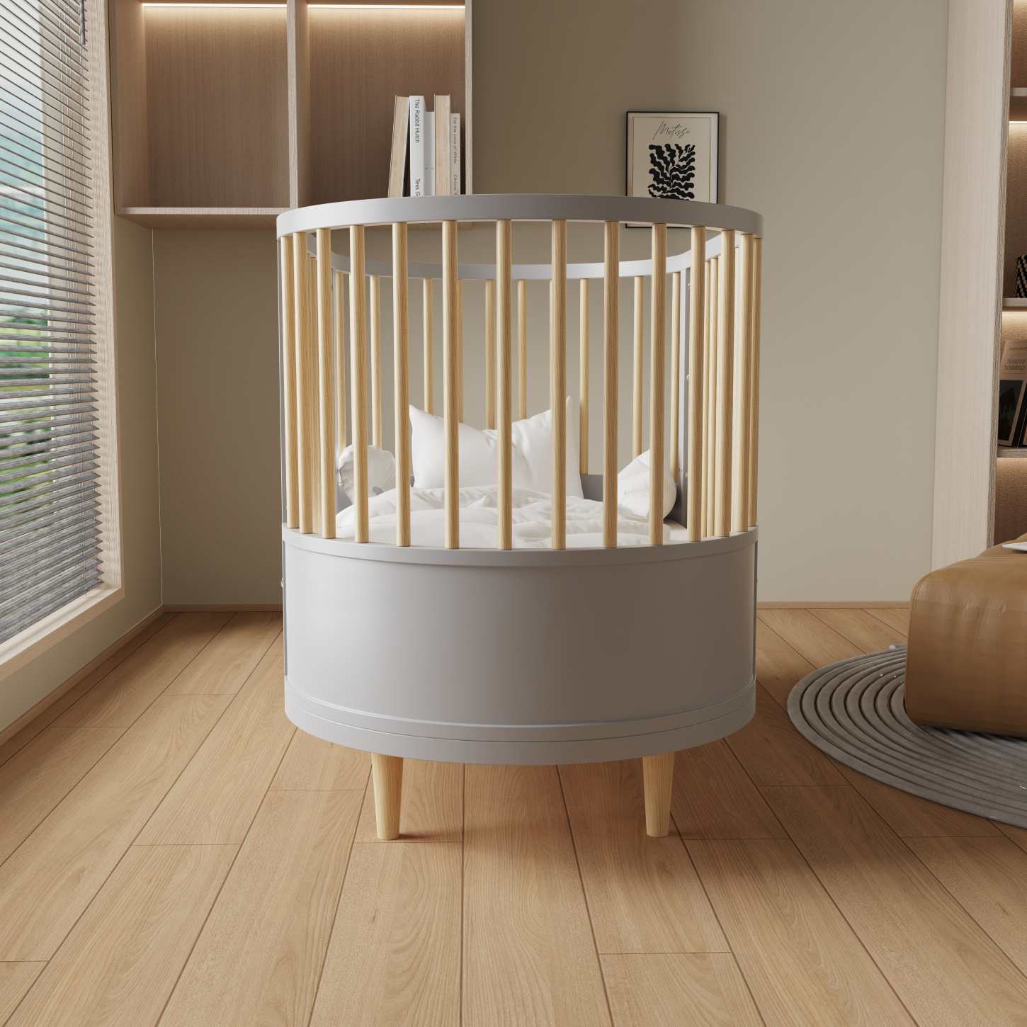 Curved Round Convertible Baby Crib Natural Wood Slats Grey Nursery Bed