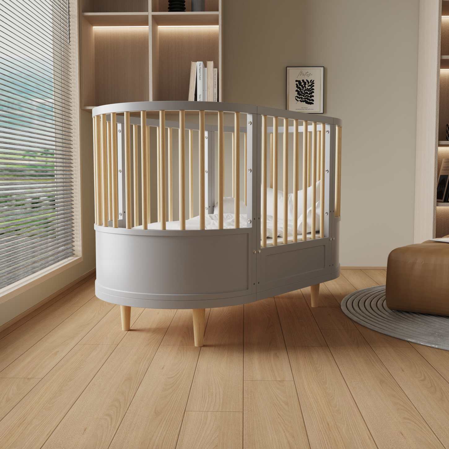 Curved Round Convertible Baby Crib Natural Wood Slats Grey Nursery Bed