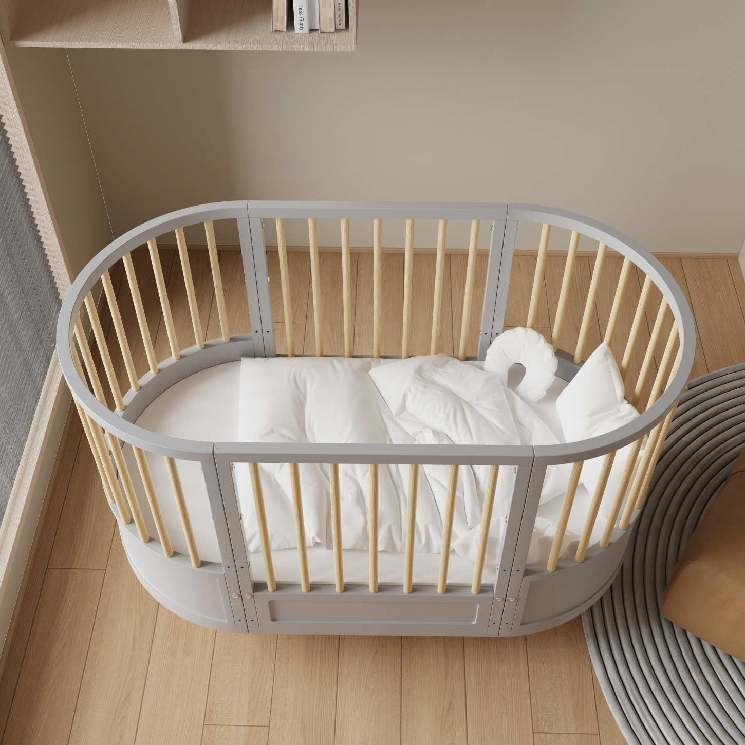 Curved Round Convertible Baby Crib Natural Wood Slats Grey Nursery Bed