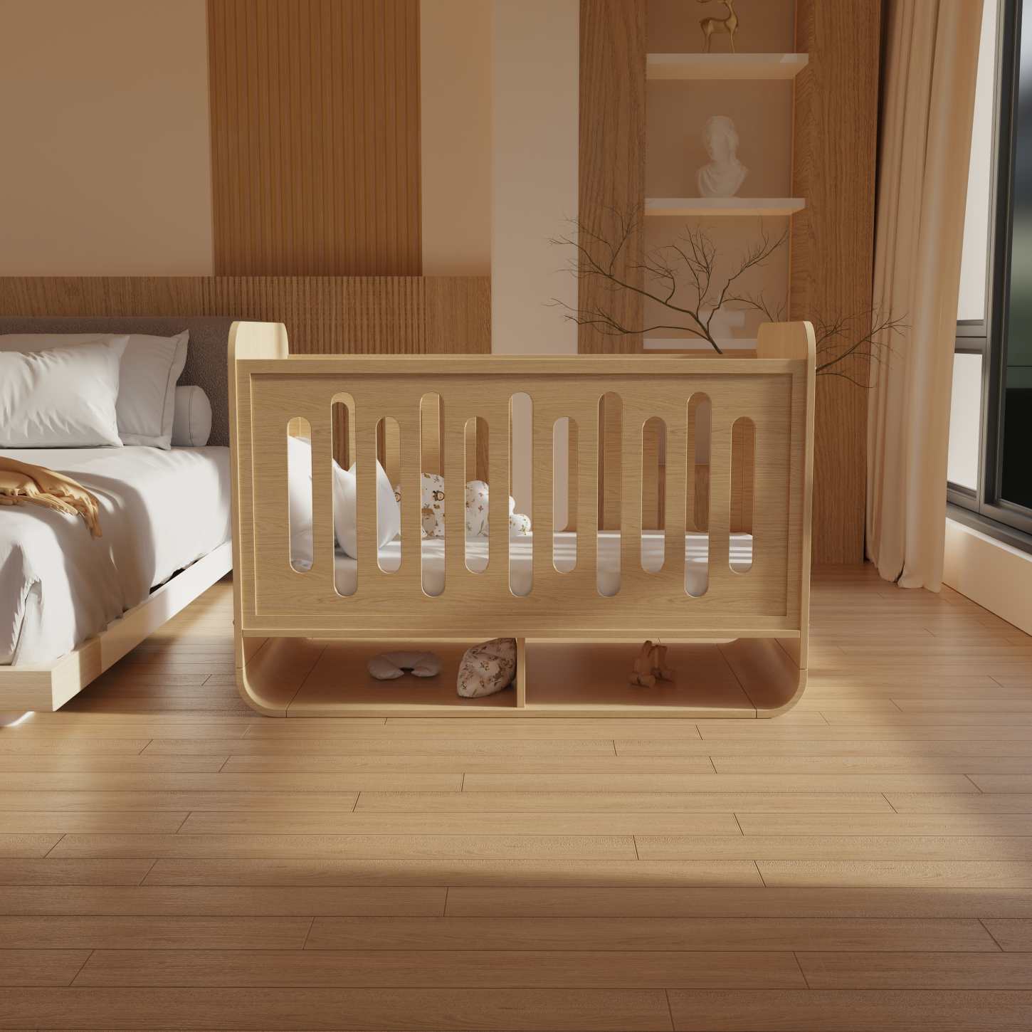 Natural Wood Baby Crib with Bottom Storage Shelf Minimalist Infant Cot