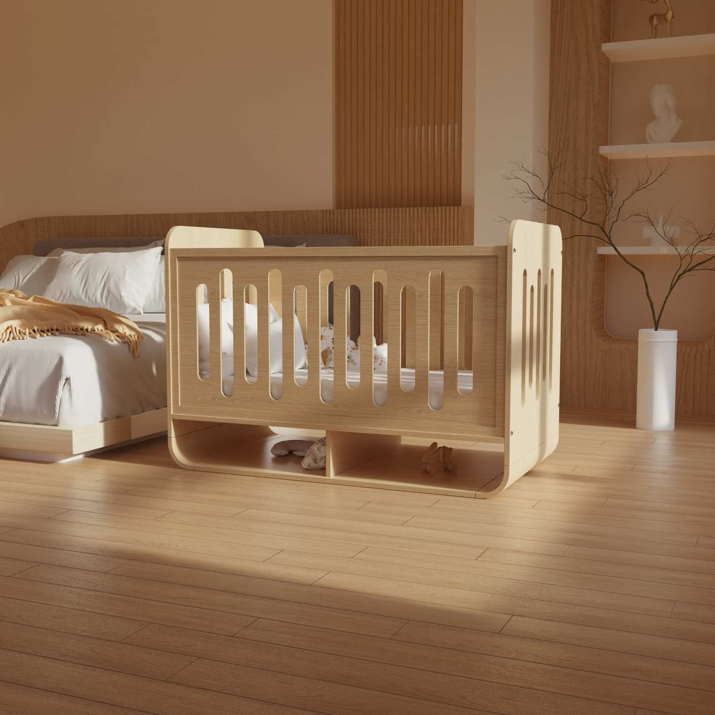 Natural Wood Baby Crib with Bottom Storage Shelf Minimalist Infant Cot