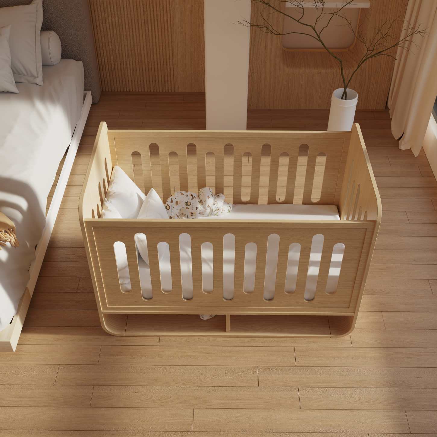 Natural Wood Baby Crib with Bottom Storage Shelf Minimalist Infant Cot