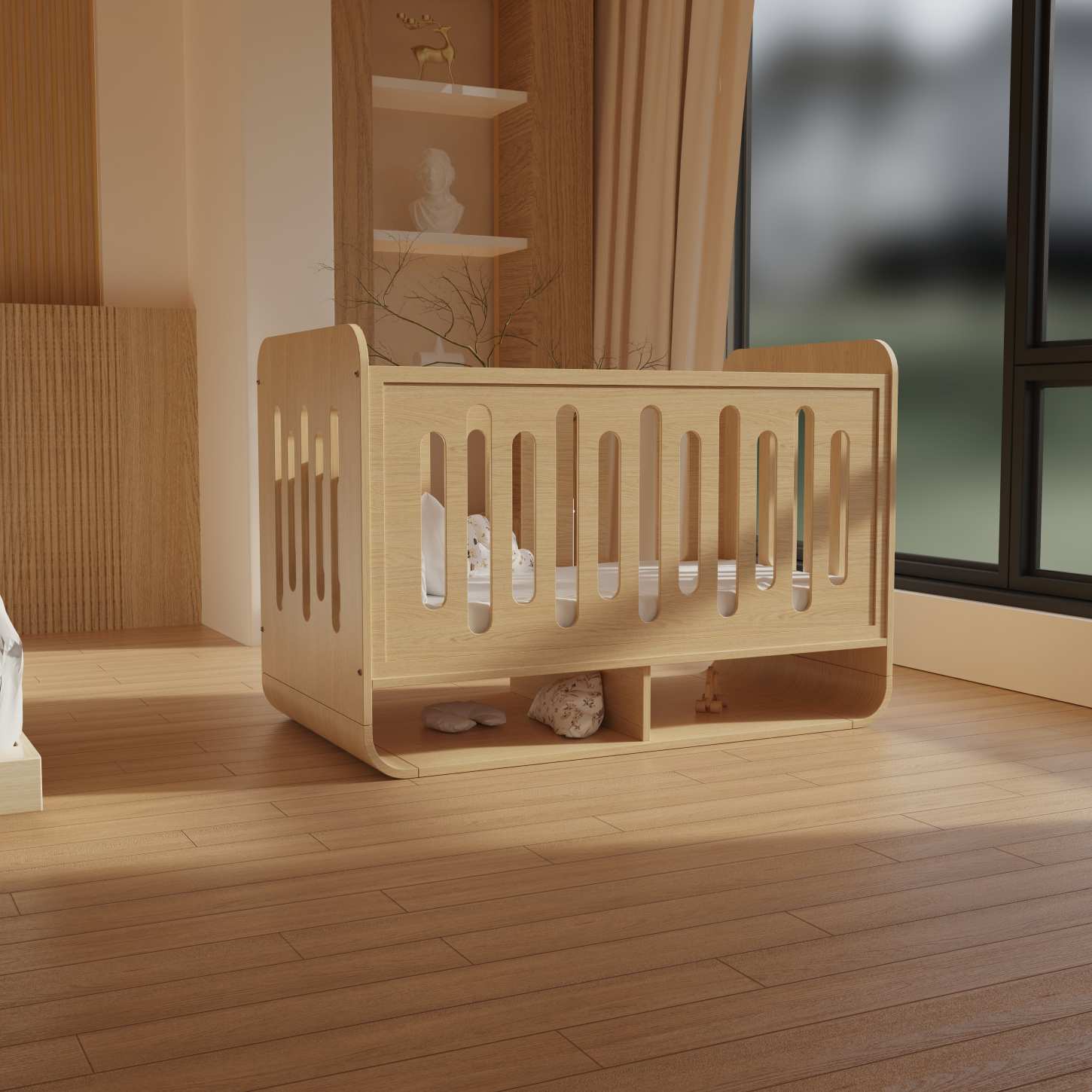 Natural Wood Baby Crib with Bottom Storage Shelf Minimalist Infant Cot