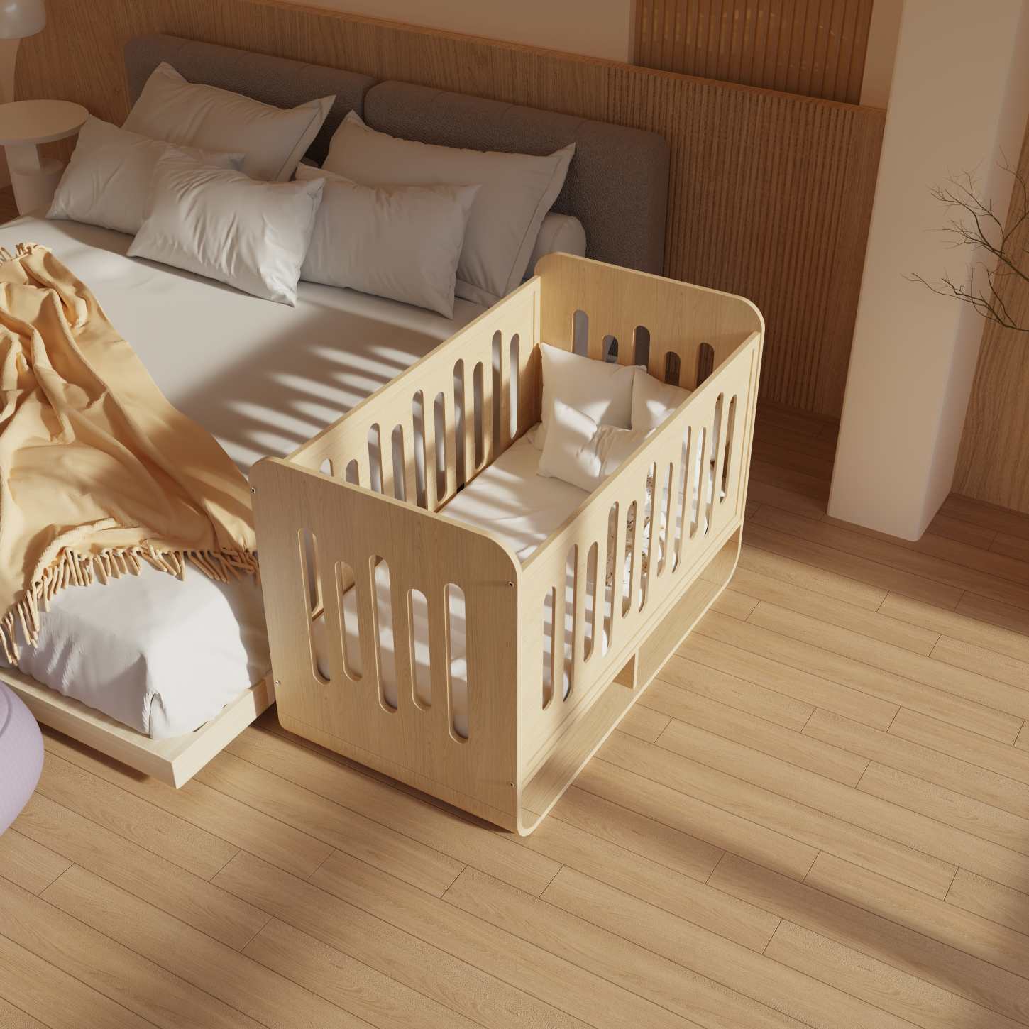 Natural Wood Baby Crib with Bottom Storage Shelf Minimalist Infant Cot