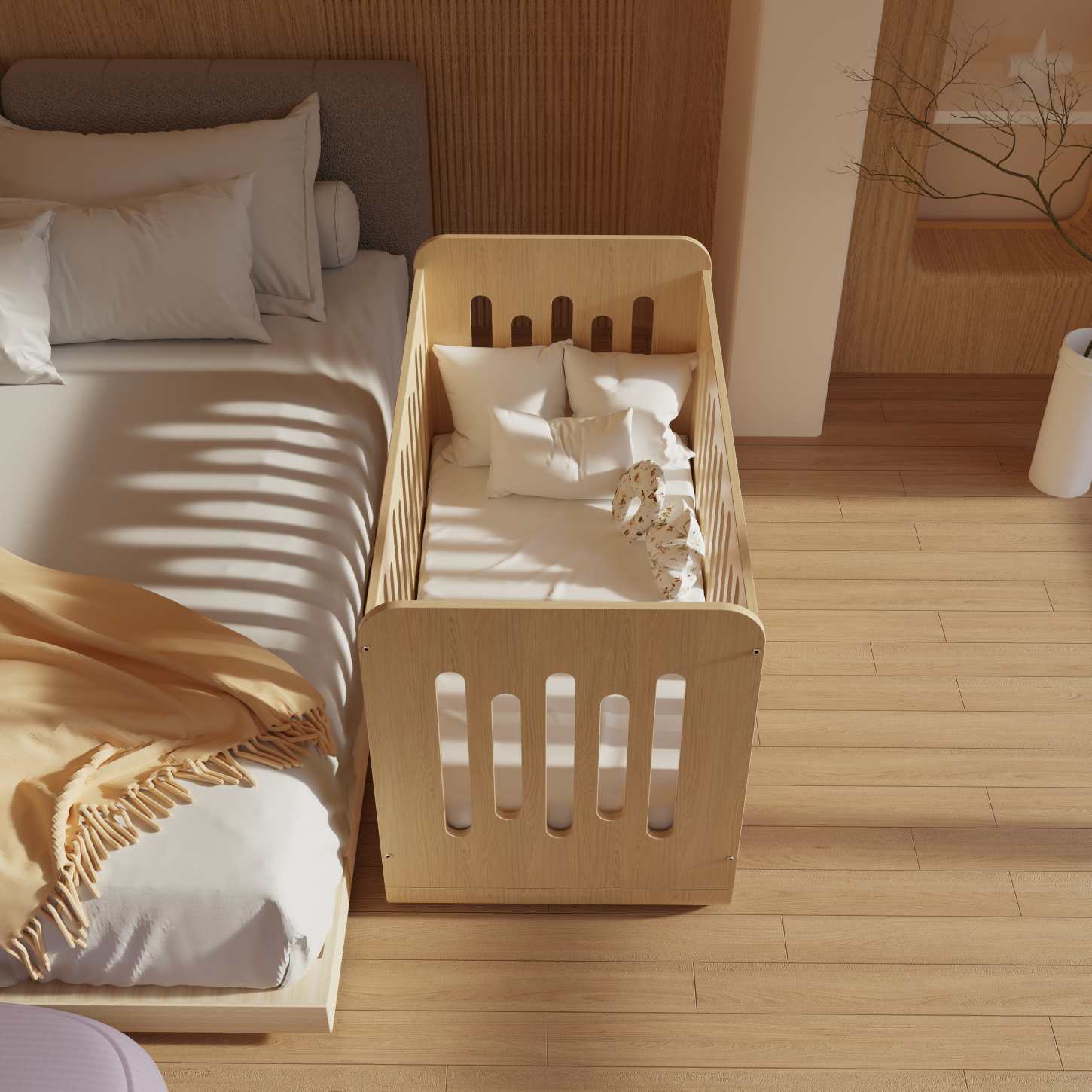Natural Wood Baby Crib with Bottom Storage Shelf Minimalist Infant Cot