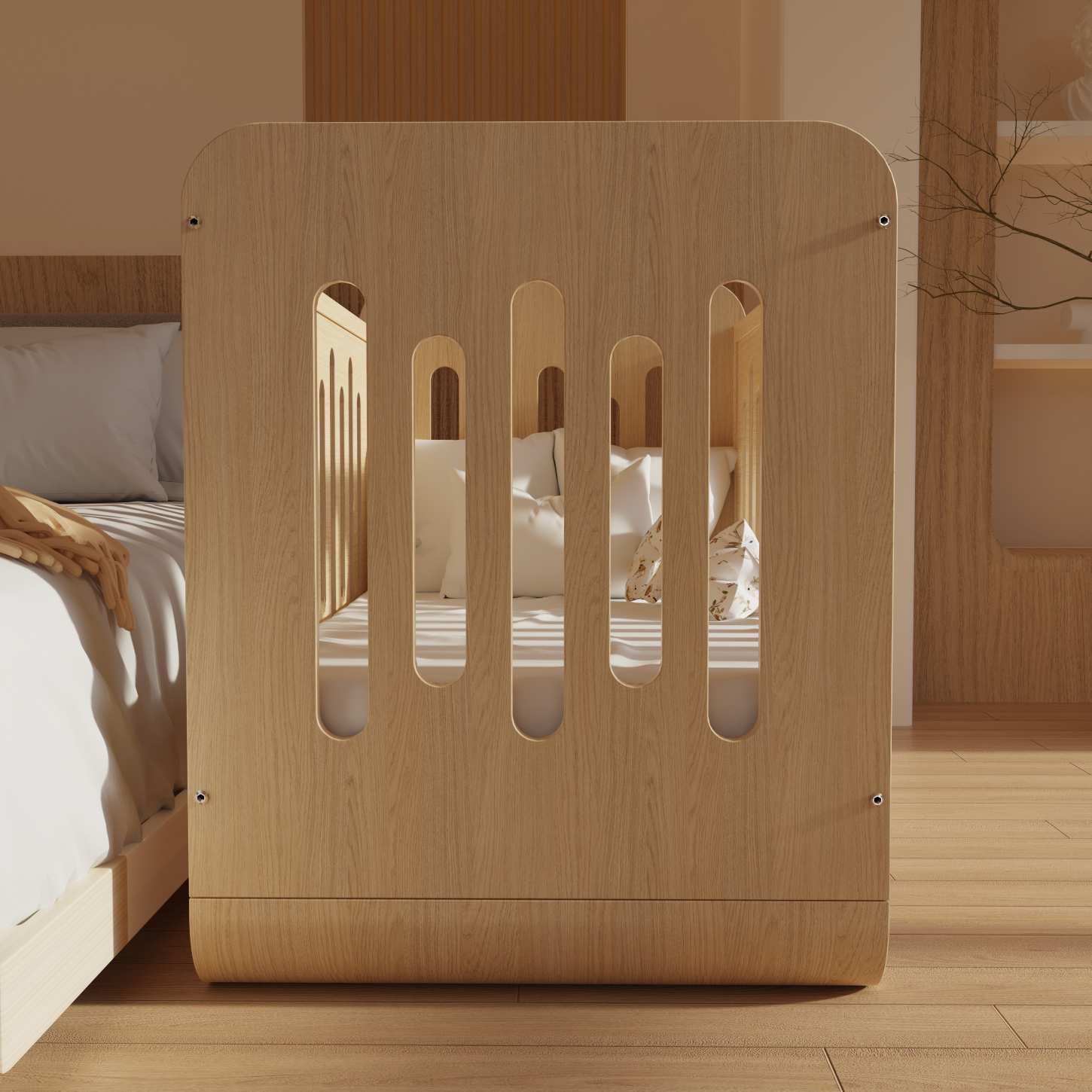 Natural Wood Baby Crib with Bottom Storage Shelf Minimalist Infant Cot