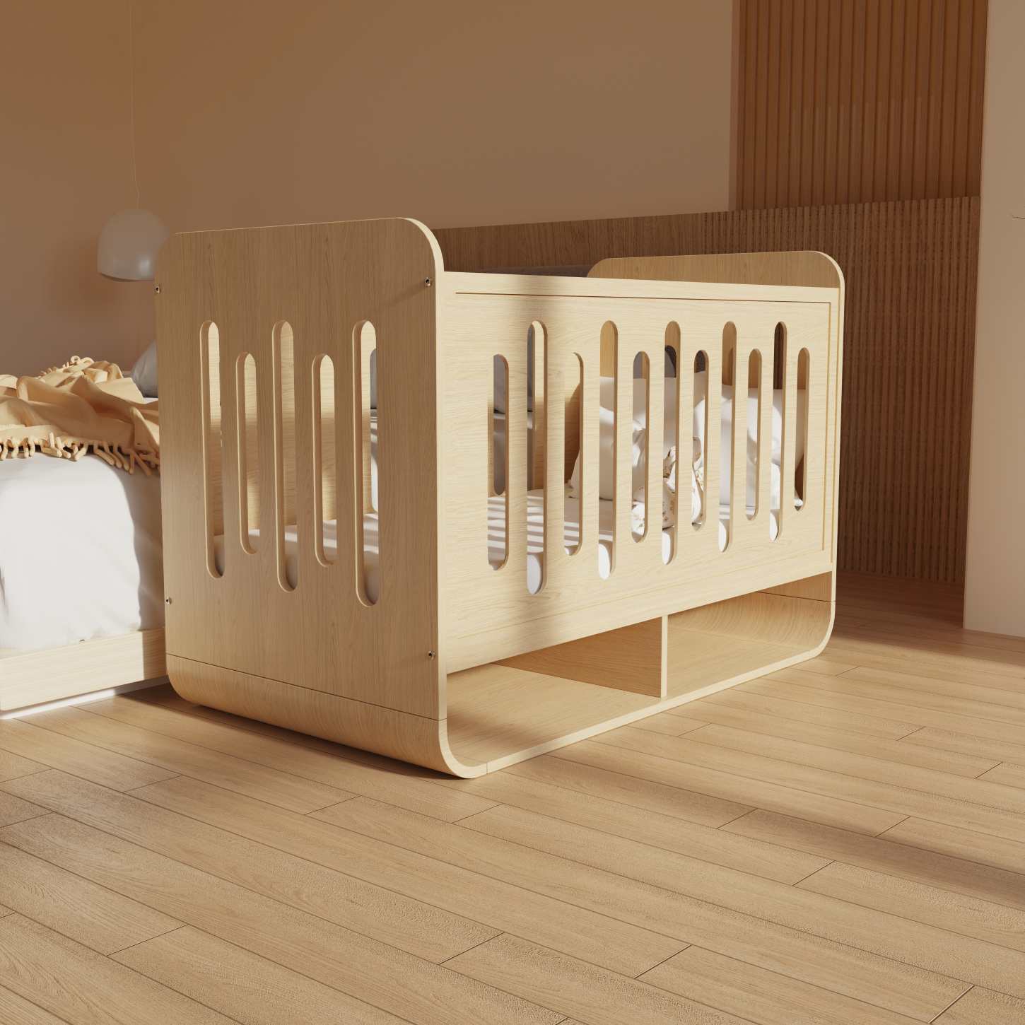 Natural Wood Baby Crib with Bottom Storage Shelf Minimalist Infant Cot