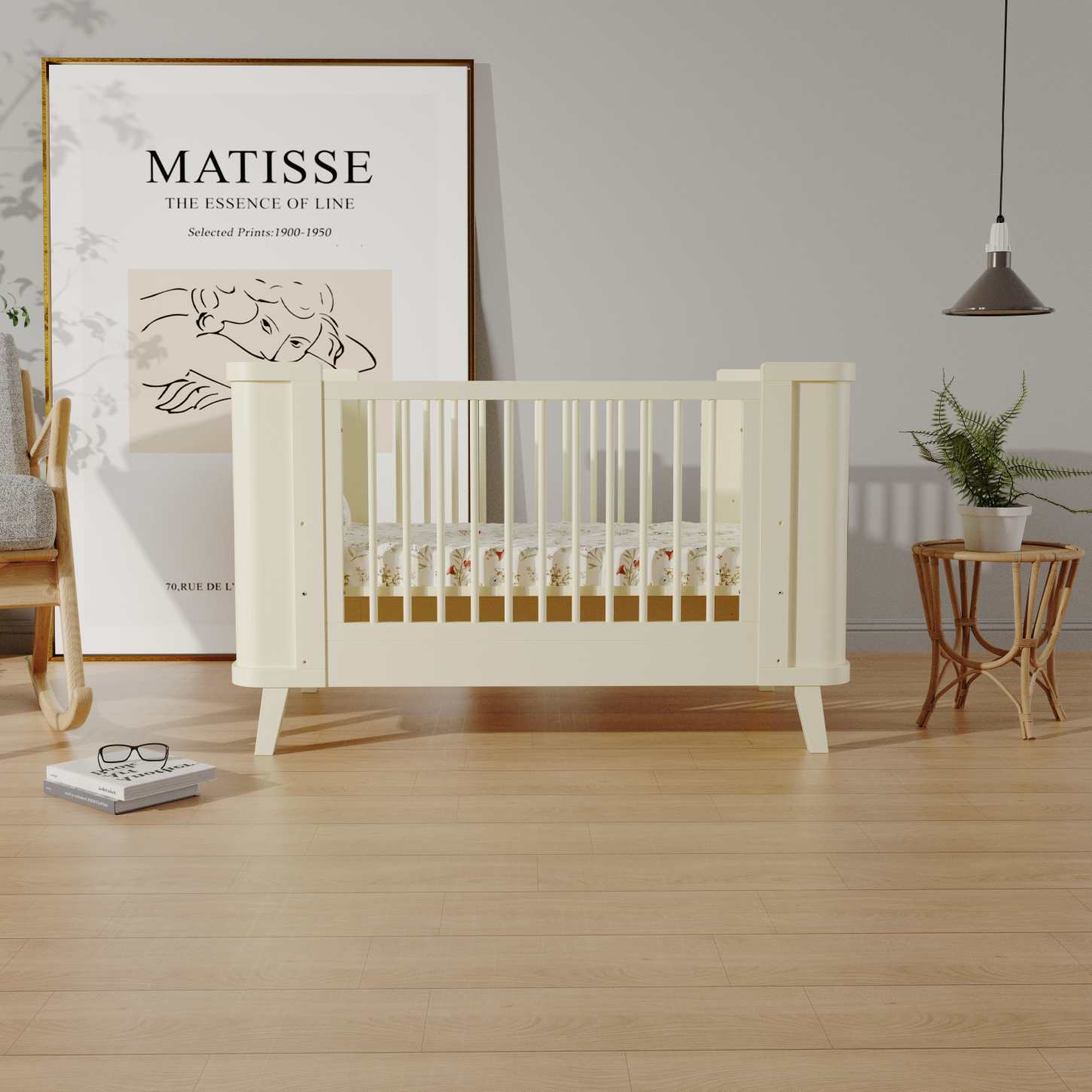 Cream White Vintage Wooden Baby Crib Convertible Safe Spindle Infant Cot