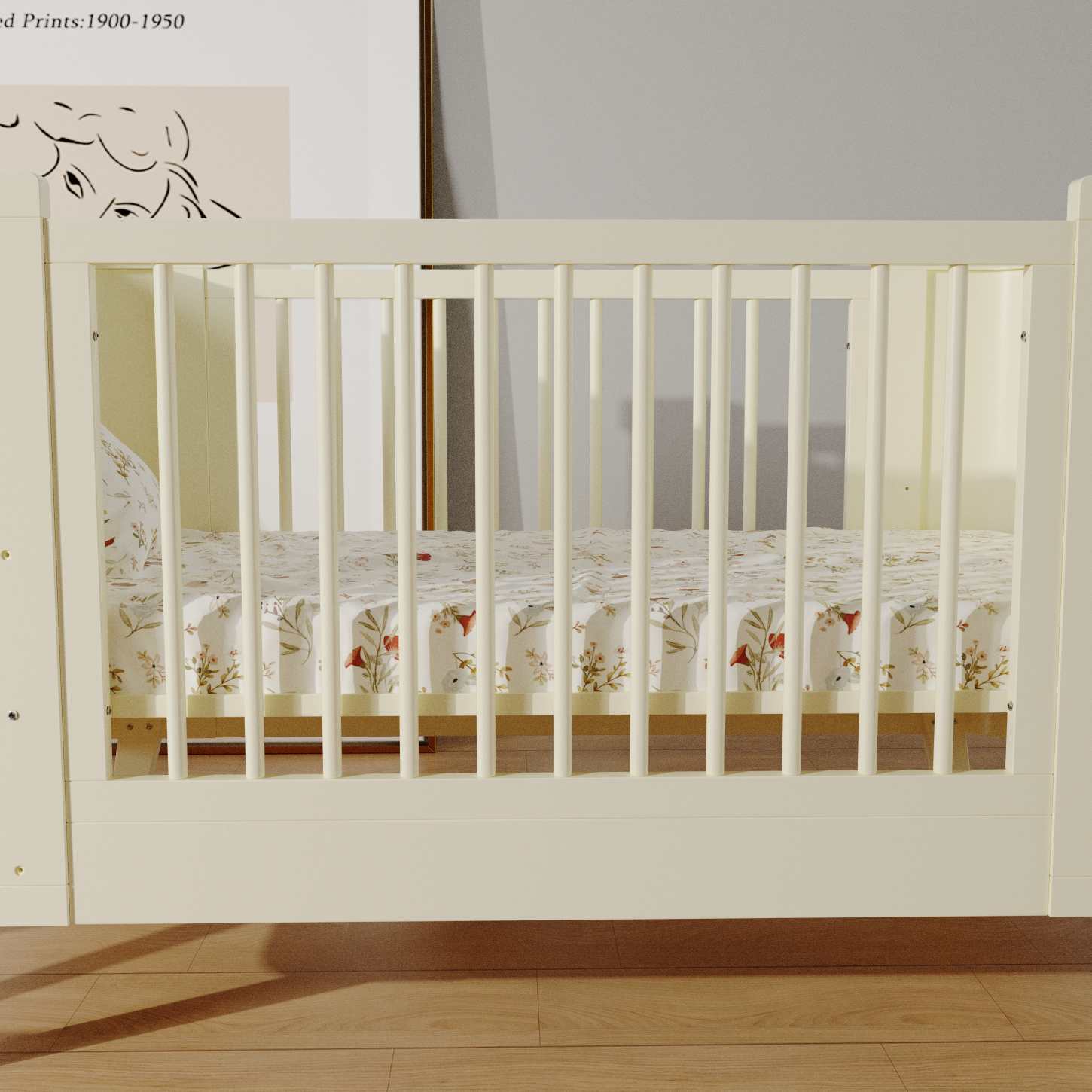 Cream White Vintage Wooden Baby Crib Convertible Safe Spindle Infant Cot