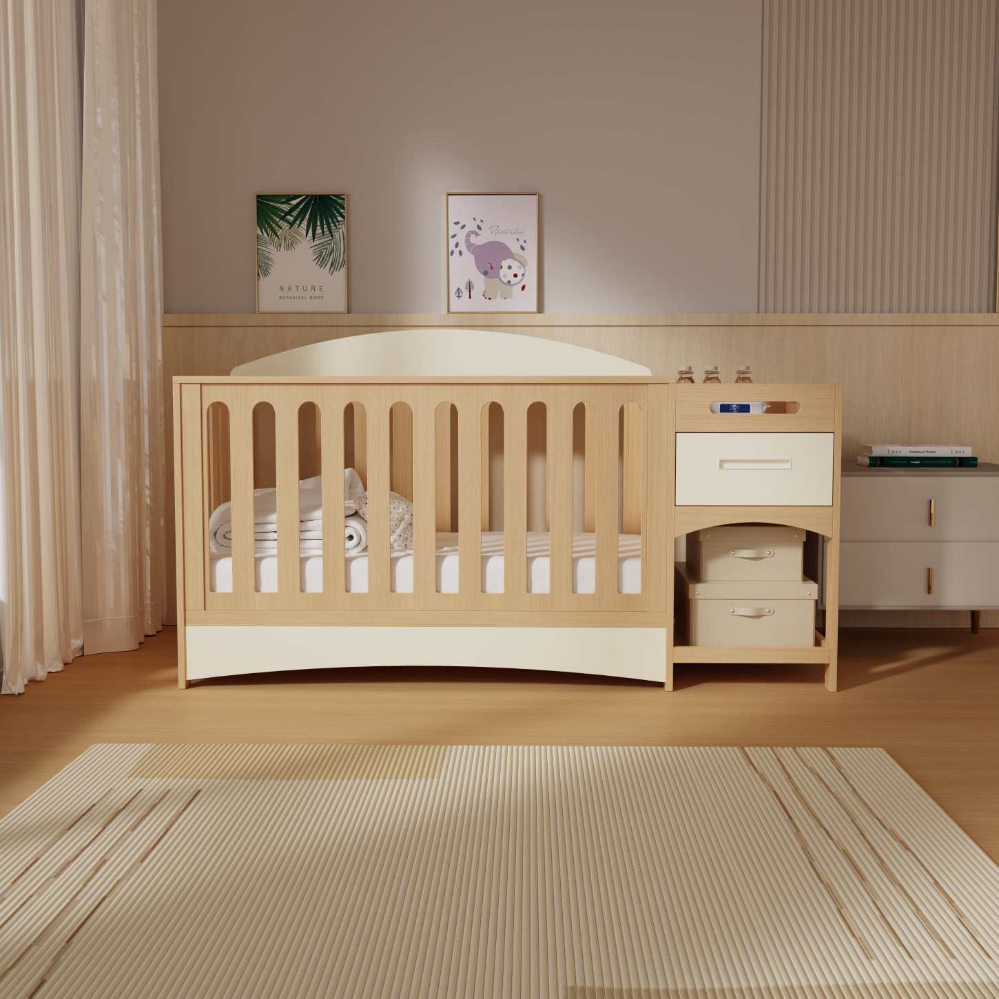 All-in-One Wood Baby Crib Attached Storage Drawer Unit Nursery Cot Combo