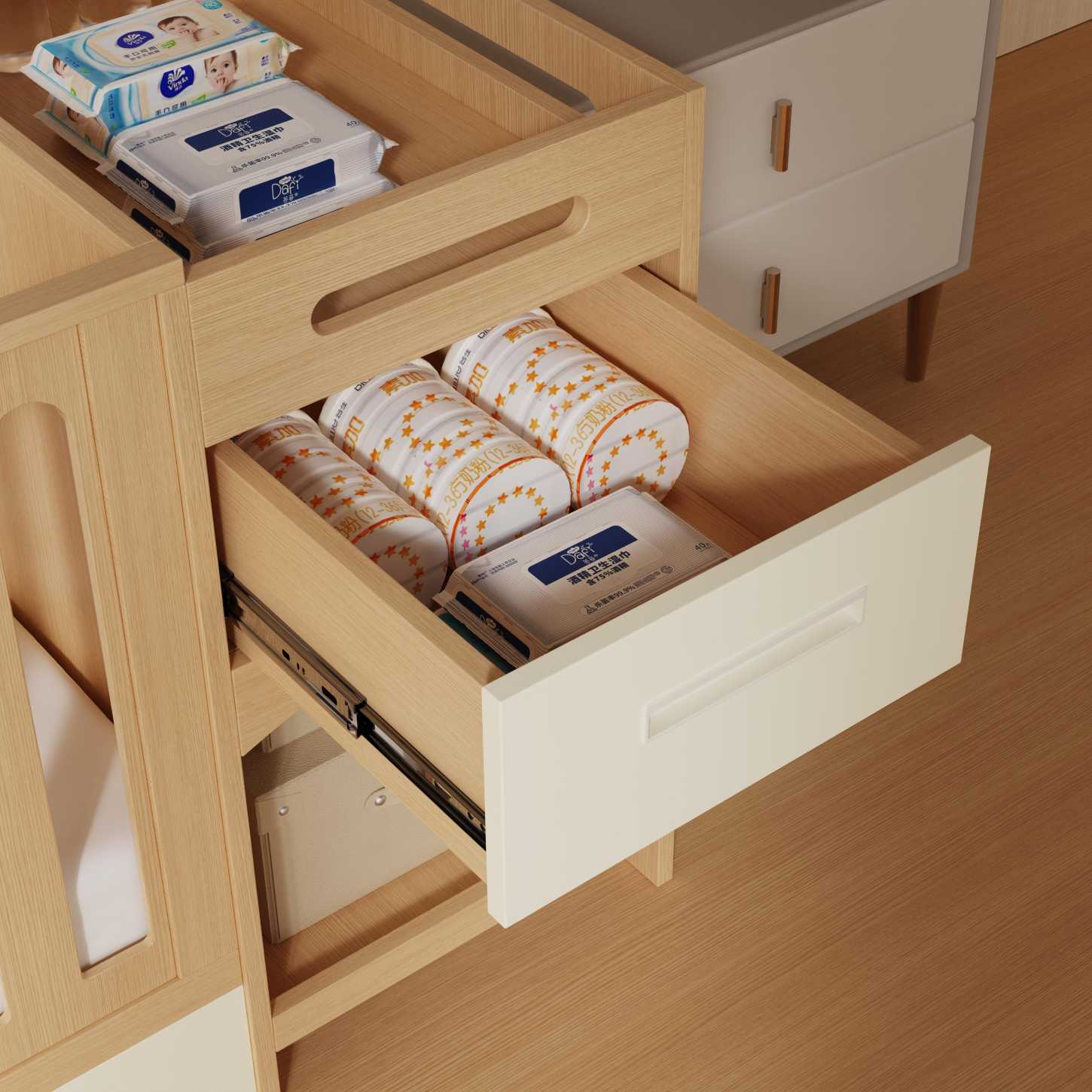 All-in-One Wood Baby Crib Attached Storage Drawer Unit Nursery Cot Combo