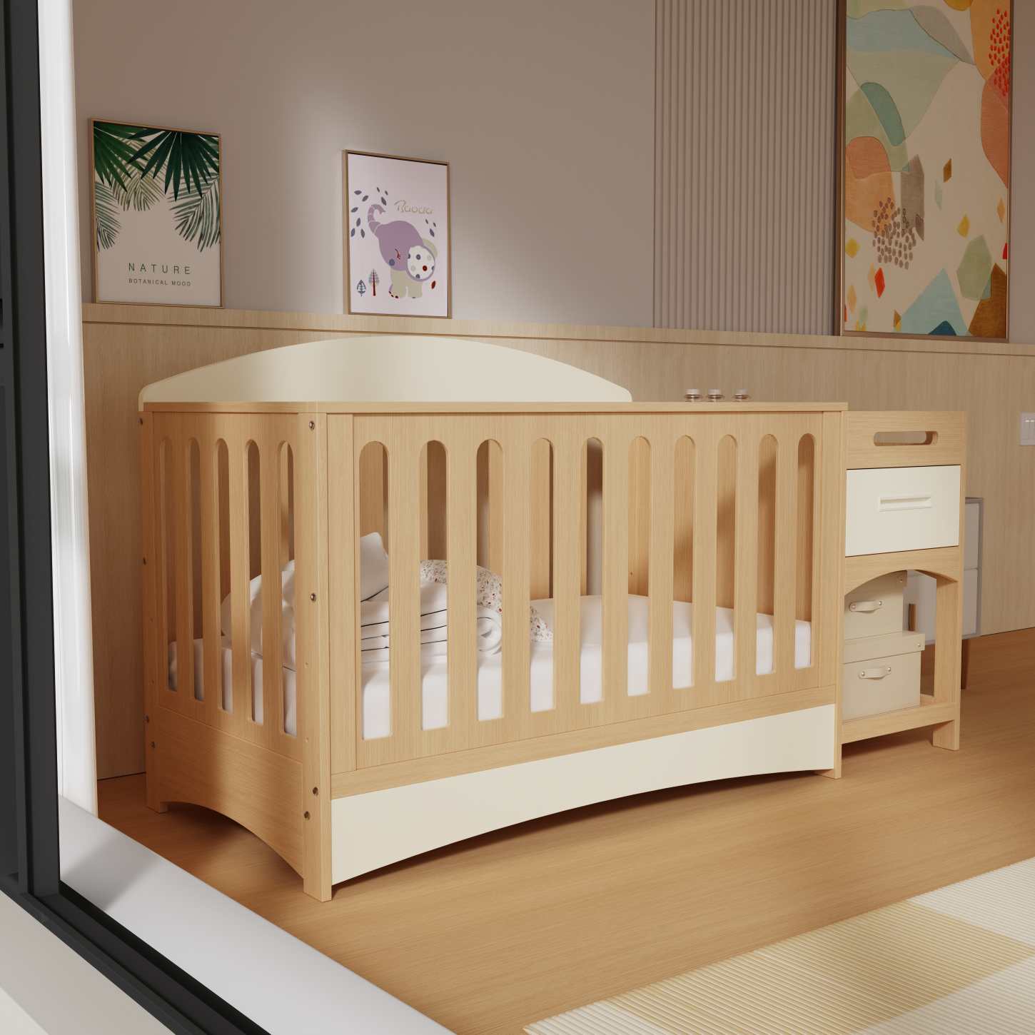 All-in-One Wood Baby Crib Attached Storage Drawer Unit Nursery Cot Combo