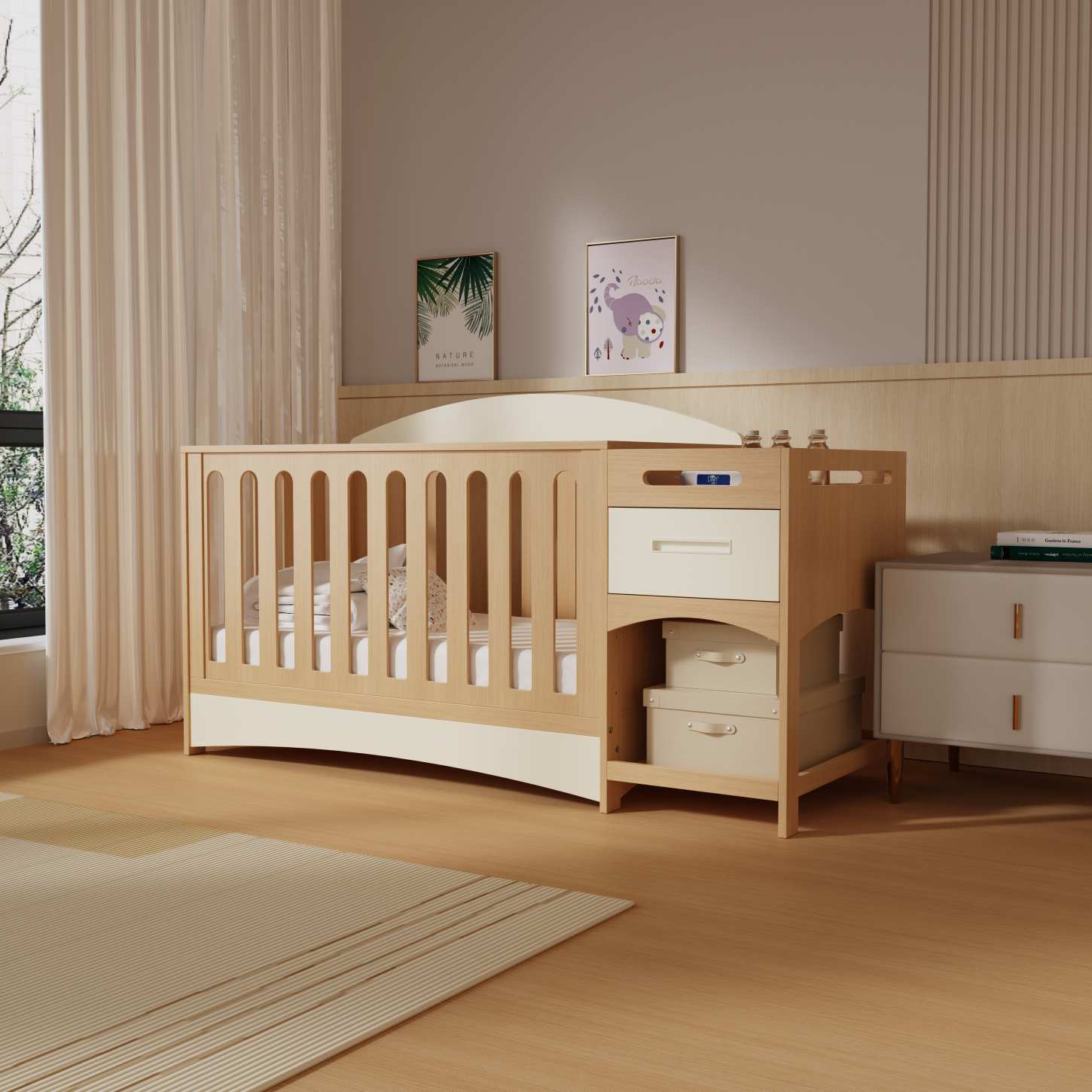 All-in-One Wood Baby Crib Attached Storage Drawer Unit Nursery Cot Combo