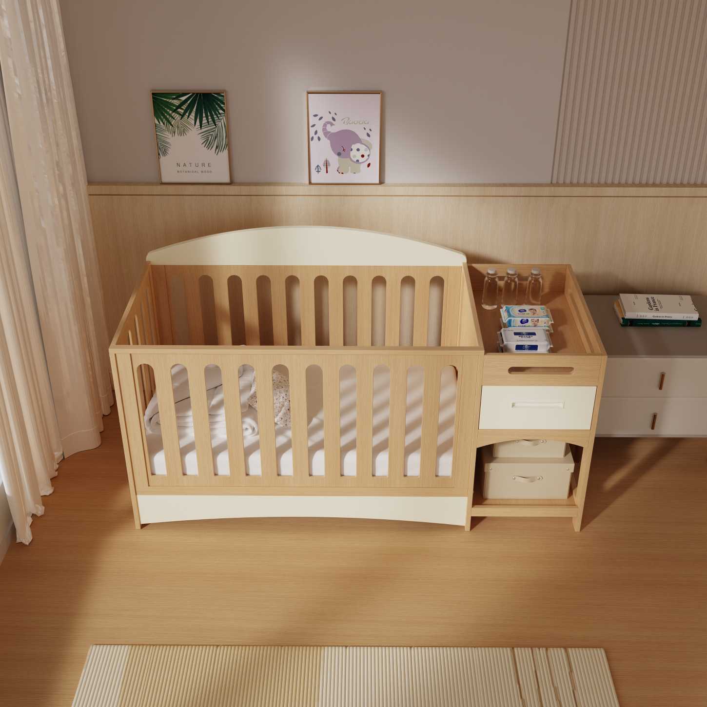 All-in-One Wood Baby Crib Attached Storage Drawer Unit Nursery Cot Combo