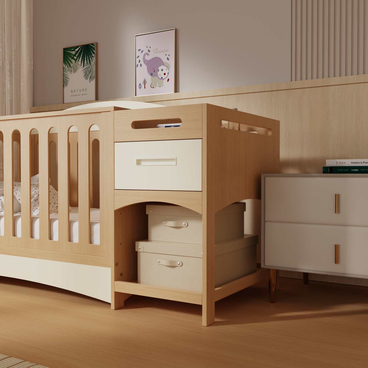 All-in-One Wood Baby Crib Attached Storage Drawer Unit Nursery Cot Combo
