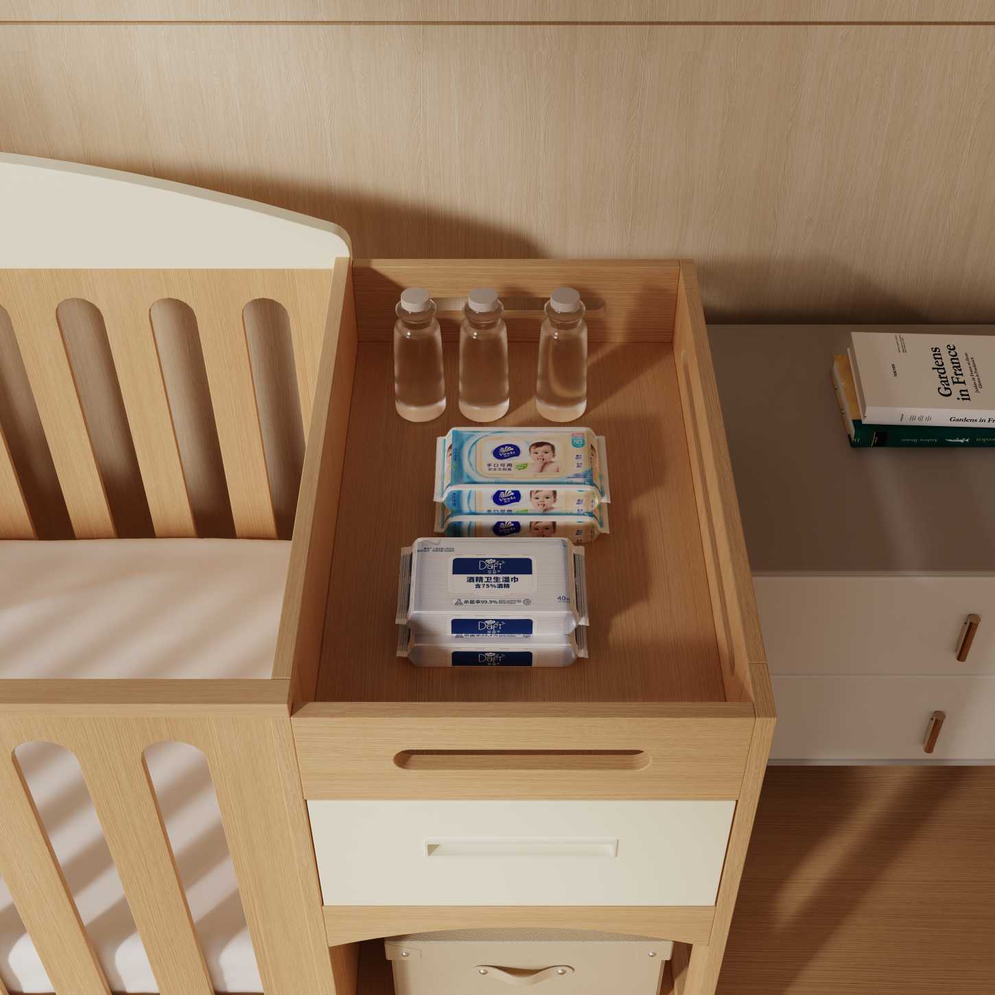 All-in-One Wood Baby Crib Attached Storage Drawer Unit Nursery Cot Combo