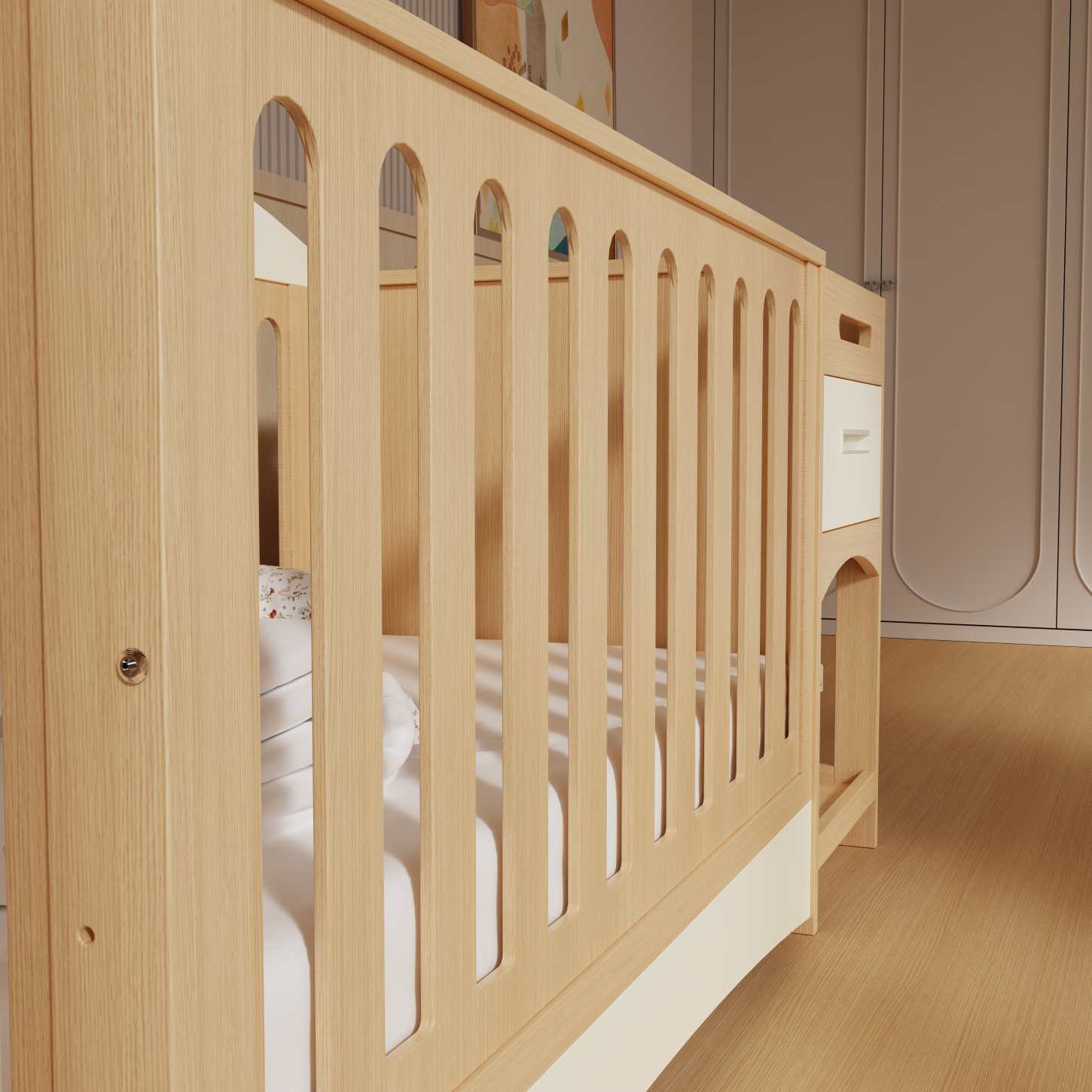 All-in-One Wood Baby Crib Attached Storage Drawer Unit Nursery Cot Combo