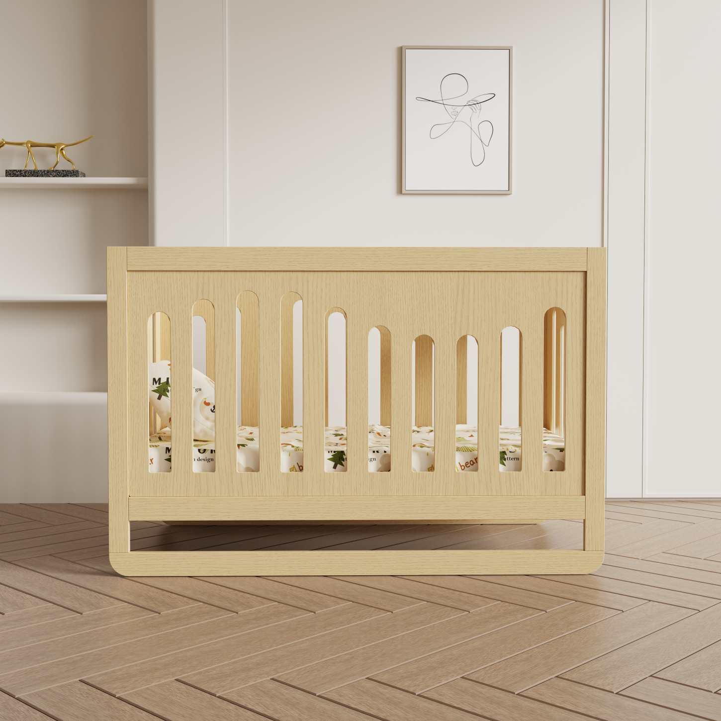 Dynamite Minimalist Natural Wood Baby Crib Curved Slat Safe Infant Cot