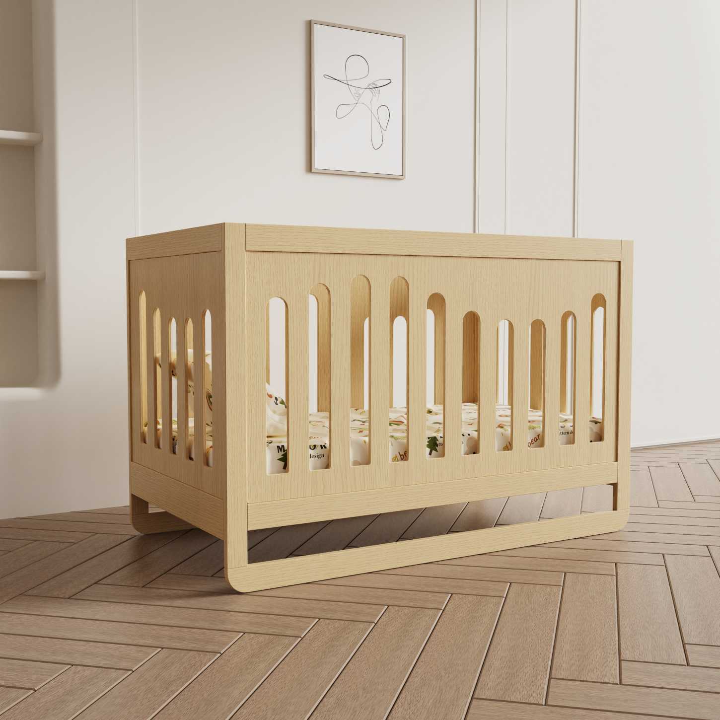 Dynamite Minimalist Natural Wood Baby Crib Curved Slat Safe Infant Cot
