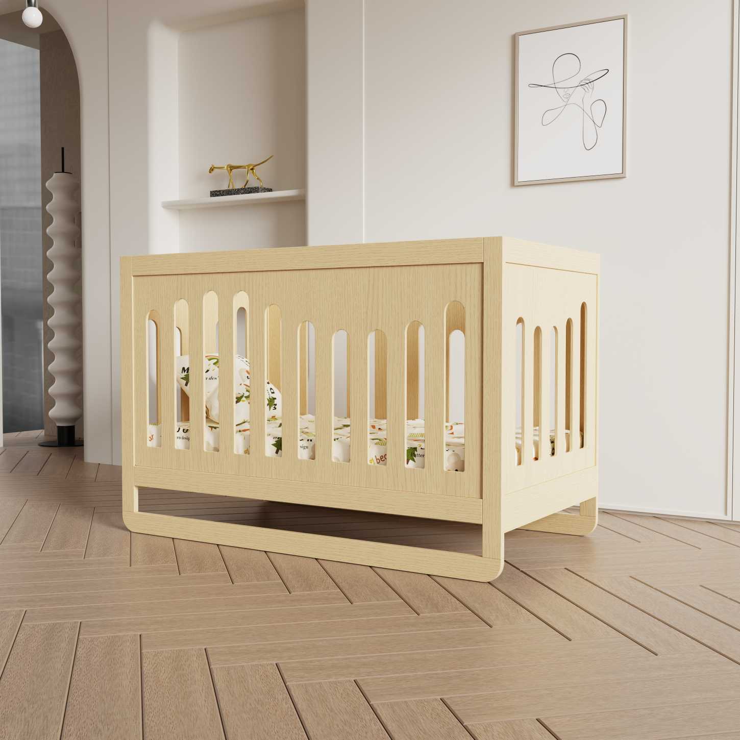 Dynamite Minimalist Natural Wood Baby Crib Curved Slat Safe Infant Cot