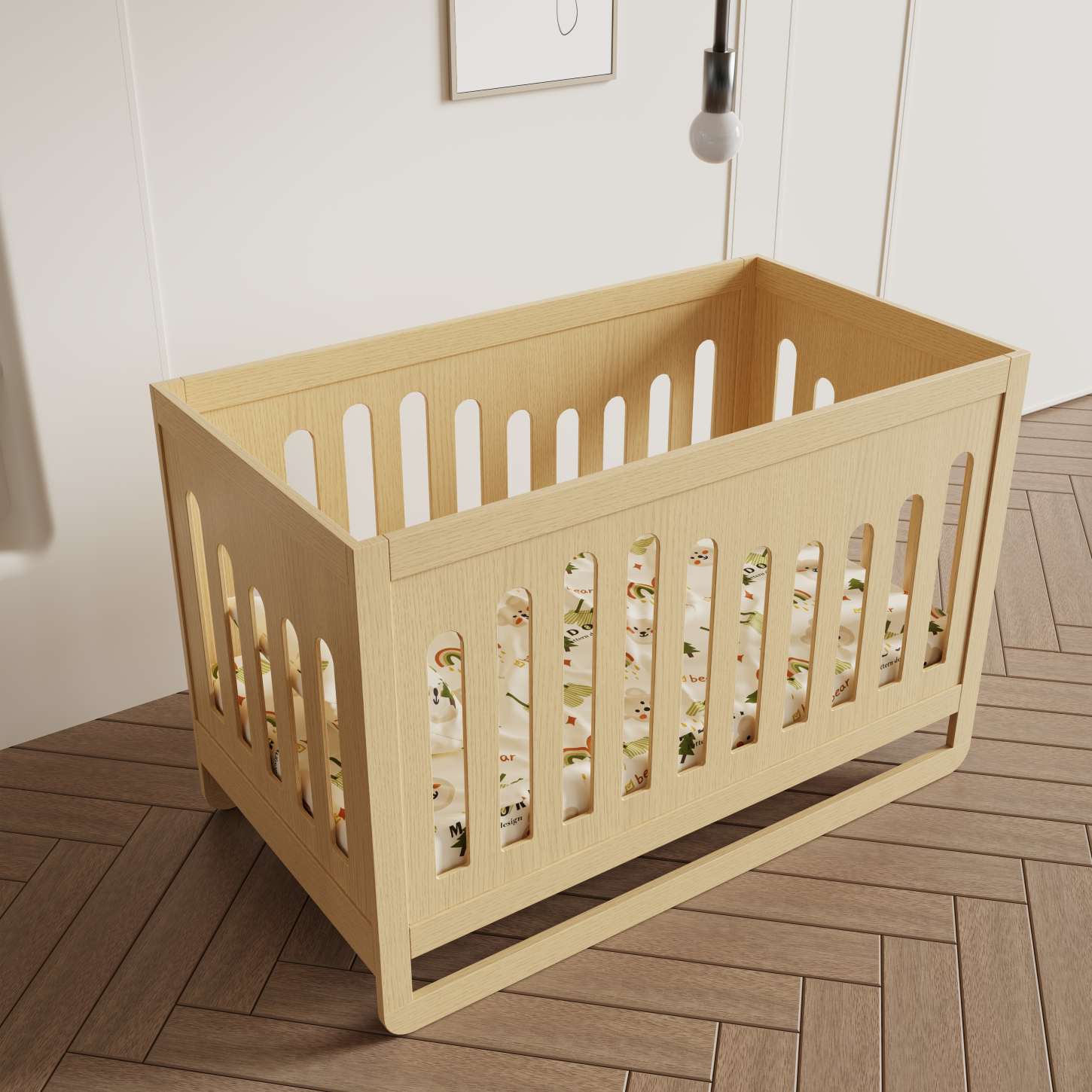 Dynamite Minimalist Natural Wood Baby Crib Curved Slat Safe Infant Cot