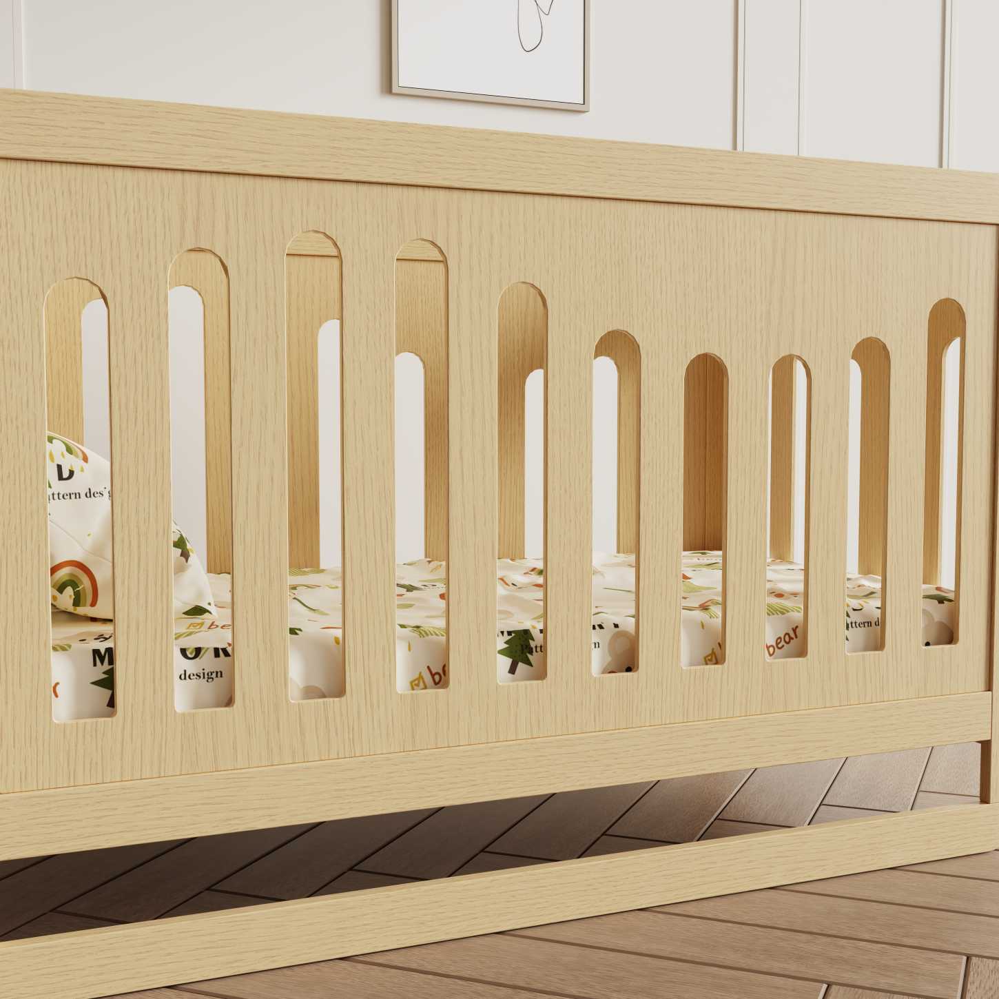 Dynamite Minimalist Natural Wood Baby Crib Curved Slat Safe Infant Cot