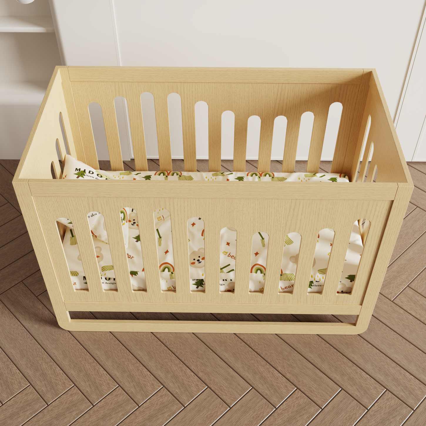 Dynamite Minimalist Natural Wood Baby Crib Curved Slat Safe Infant Cot